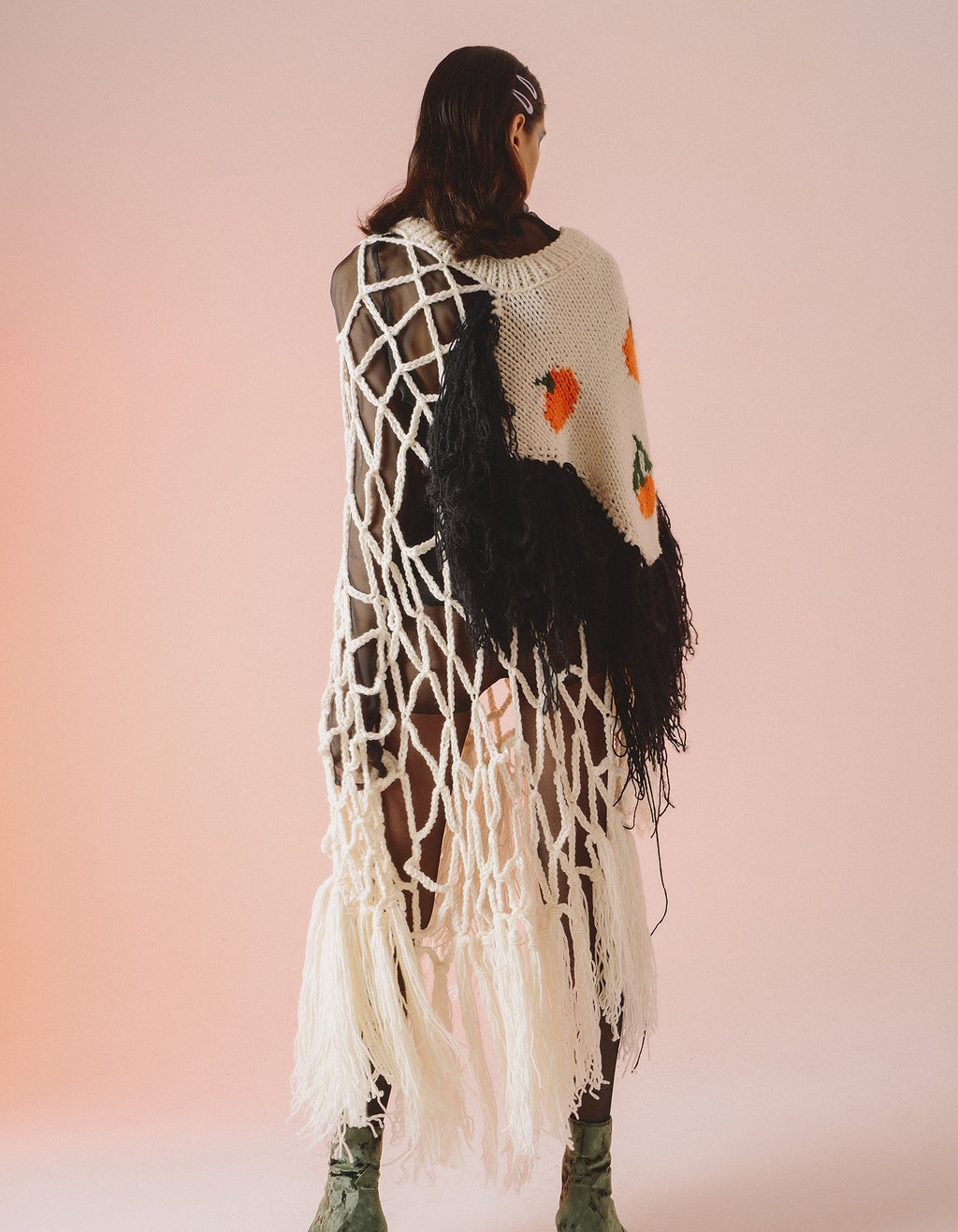 White Net Tangerine Embroidered Open-Knit Jacket