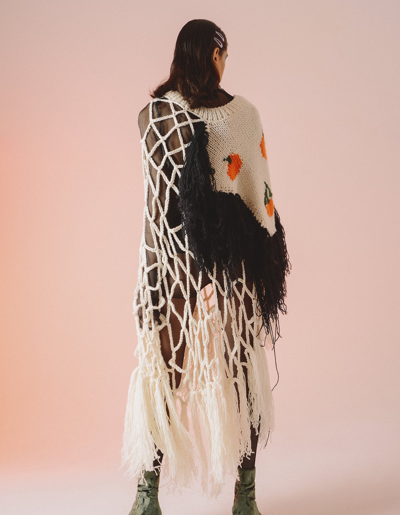 White Net Tangerine Embroidered Open-Knit Jacket