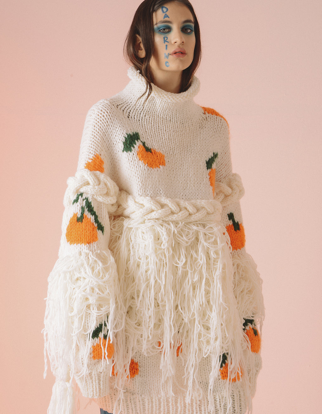 White Tangerine Embroidered Oversized Turtleneck