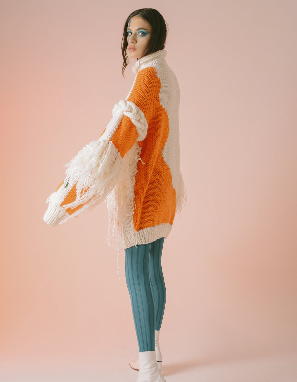 White Tangerine Embroidered Oversized Turtleneck