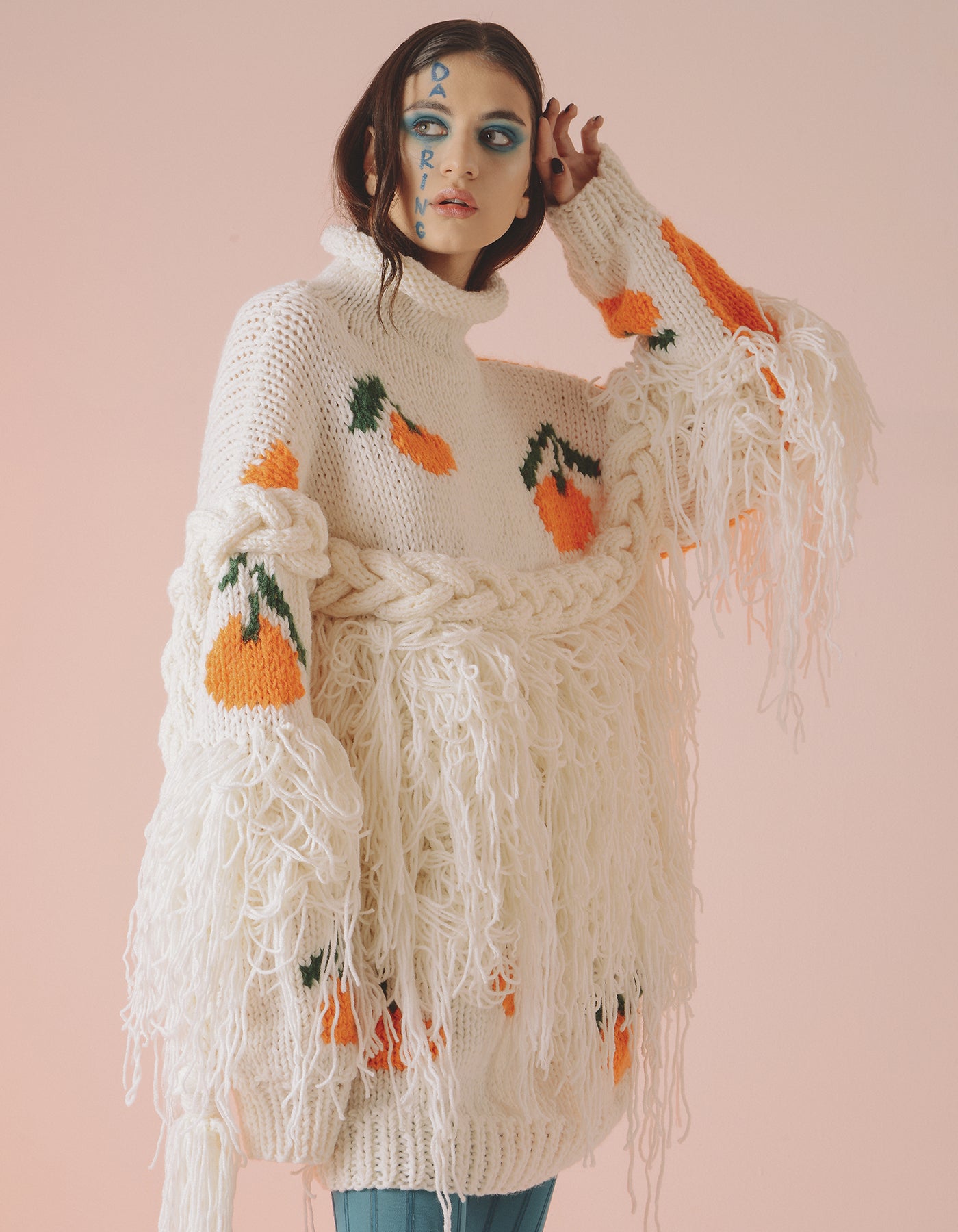 White Tangerine Embroidered Oversized Turtleneck
