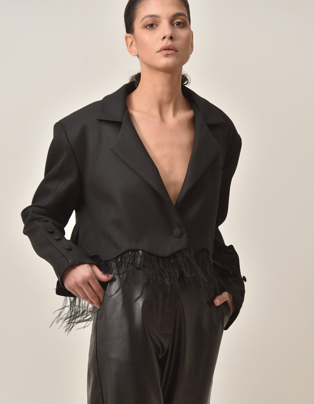 Cropped Feather Trimmed Black Blazer