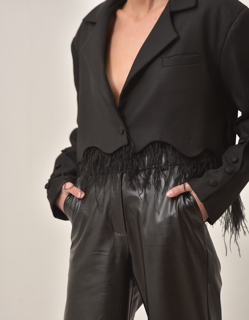 Cropped Feather Trimmed Black Blazer