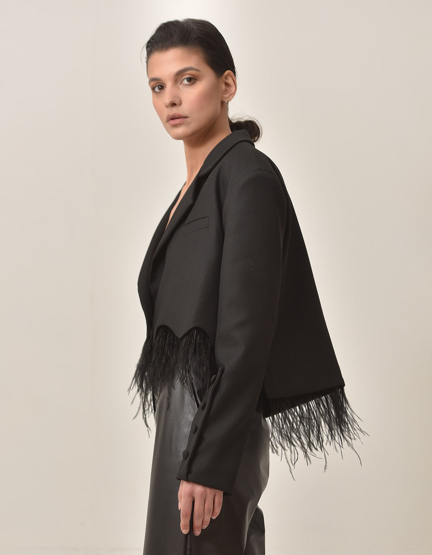 Cropped Feather Trimmed Black Blazer