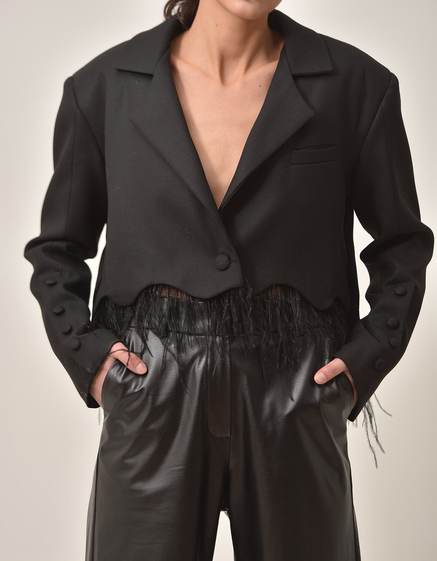 Cropped Feather Trimmed Black Blazer
