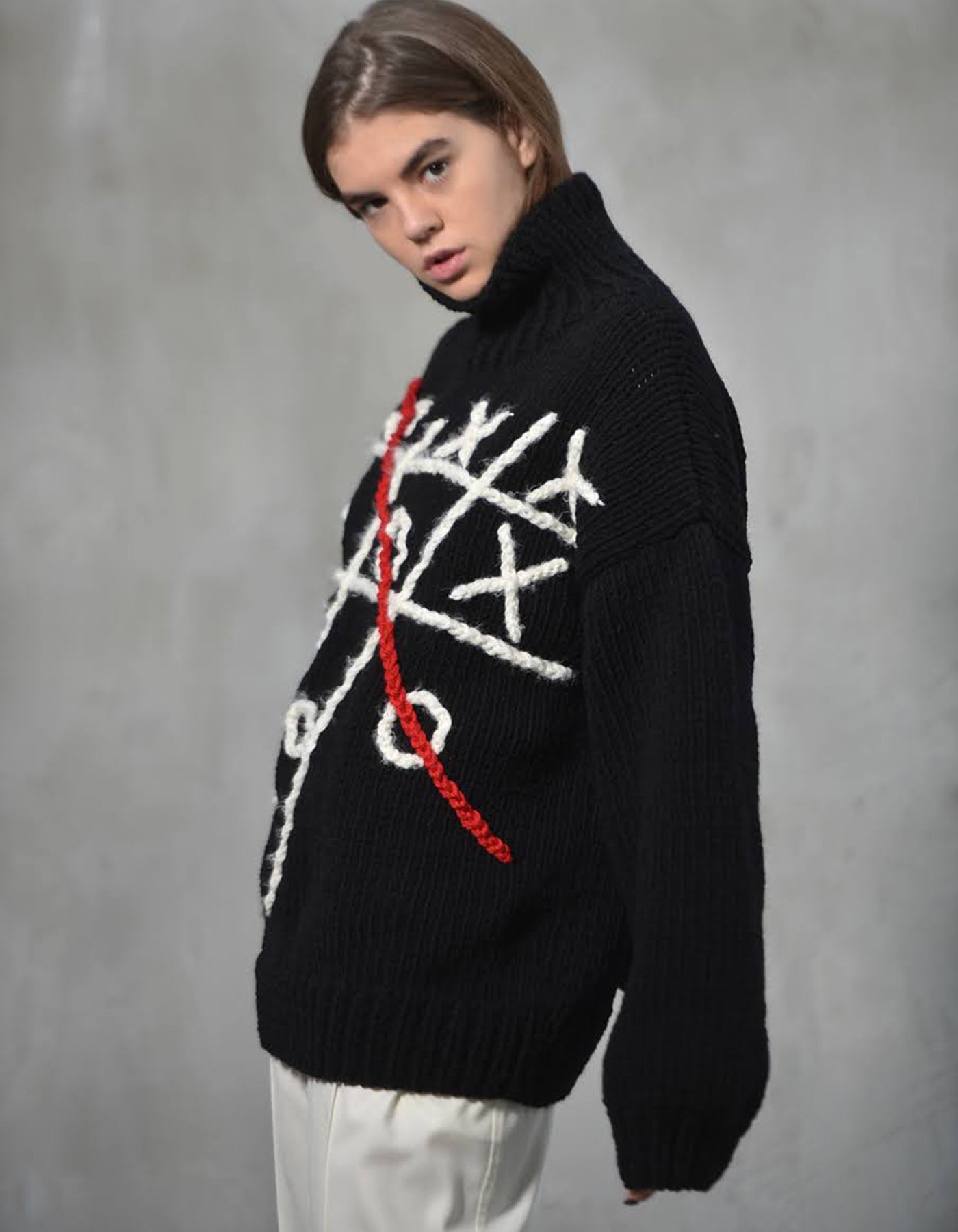 Hand-Knitted Tic-Tac-Toe Turtleneck Sweater