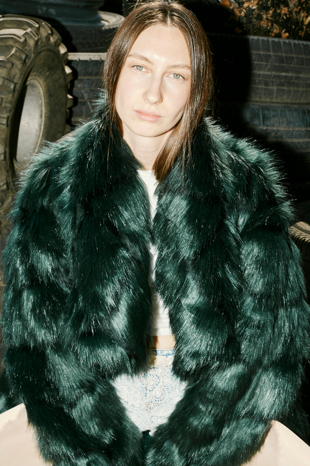 Emerald Green Tiered Faux Fur Maxi Coat
