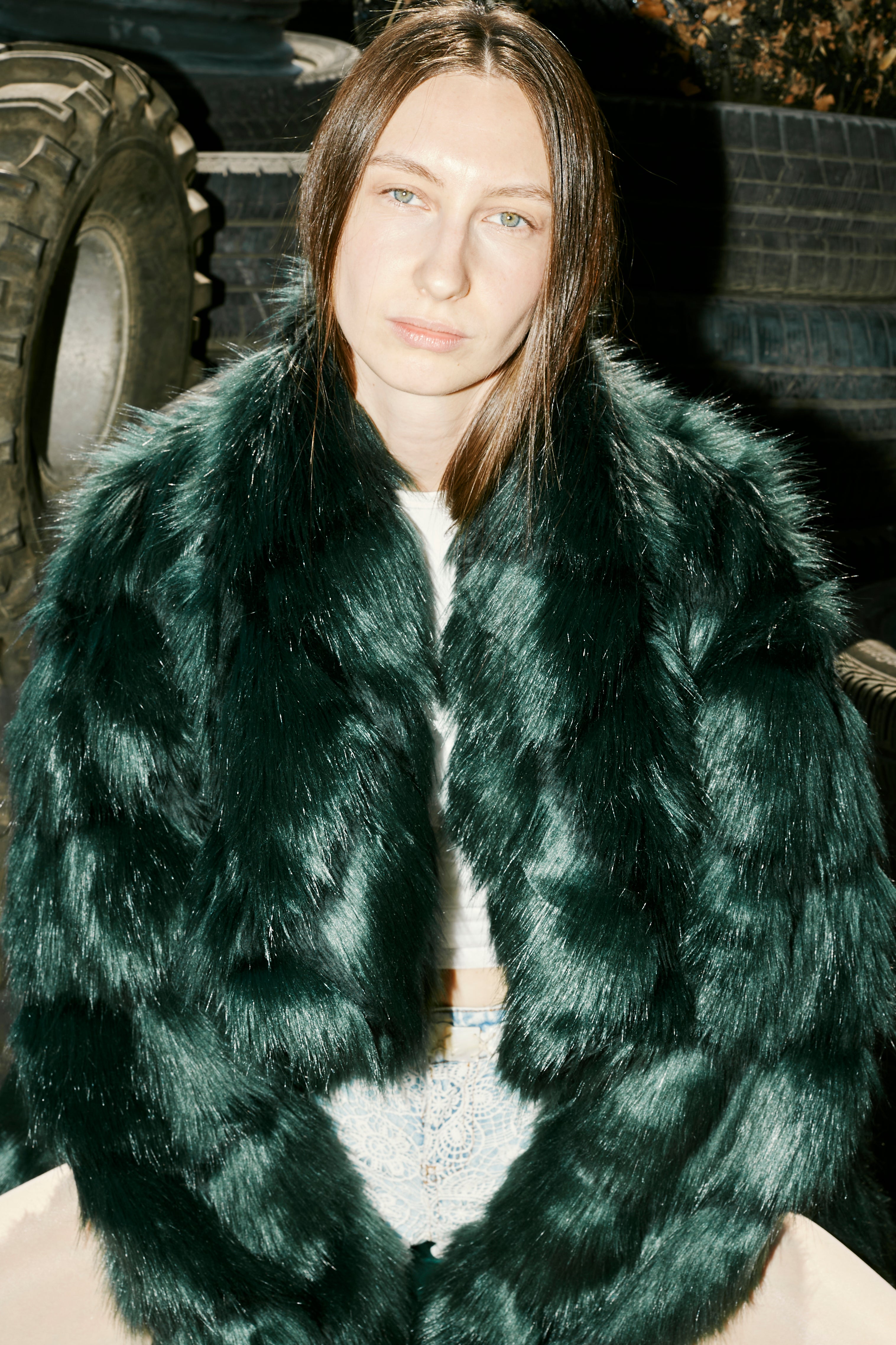 Emerald Green Tiered Faux Fur Maxi Coat