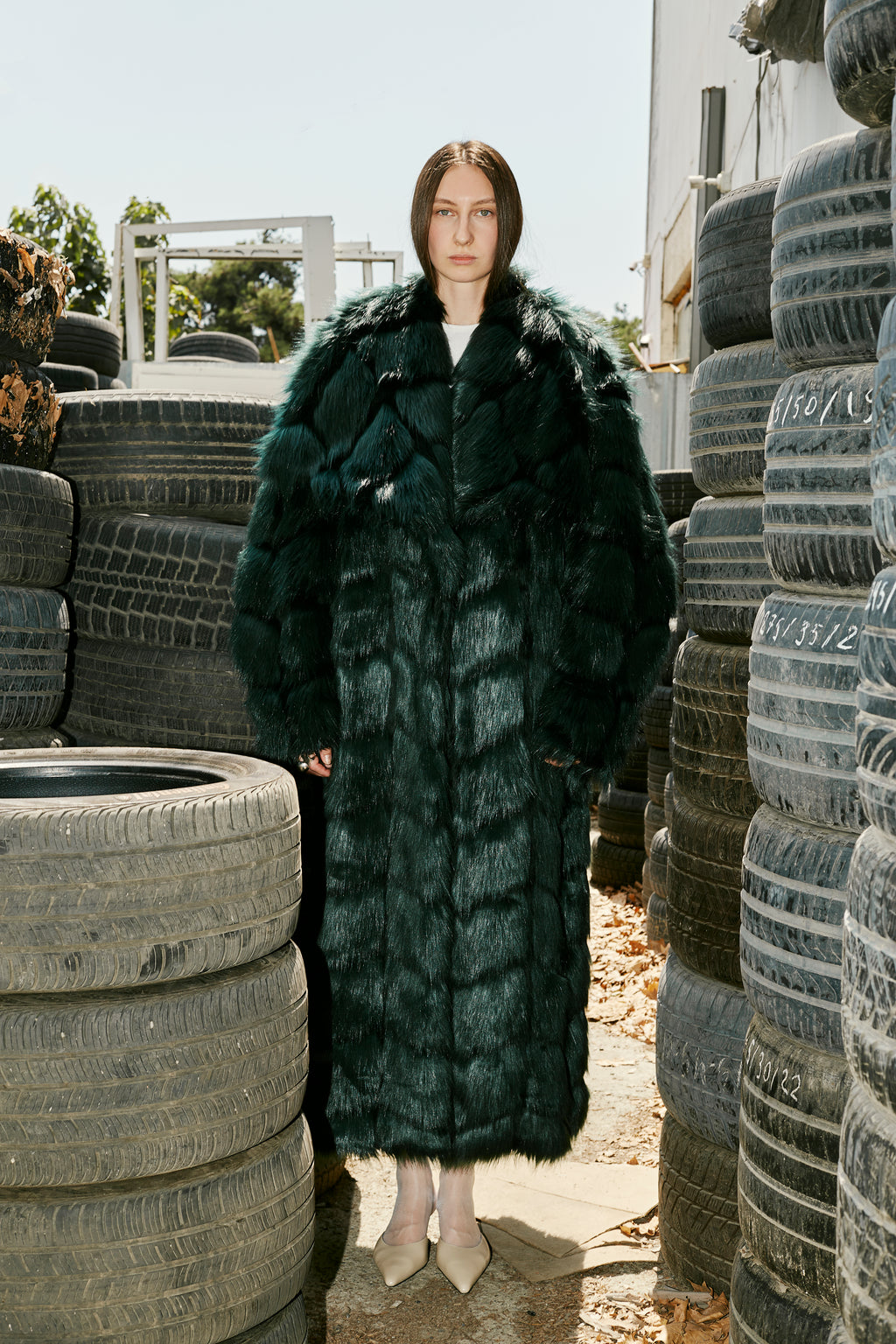 Emerald Green Tiered Faux Fur Maxi Coat