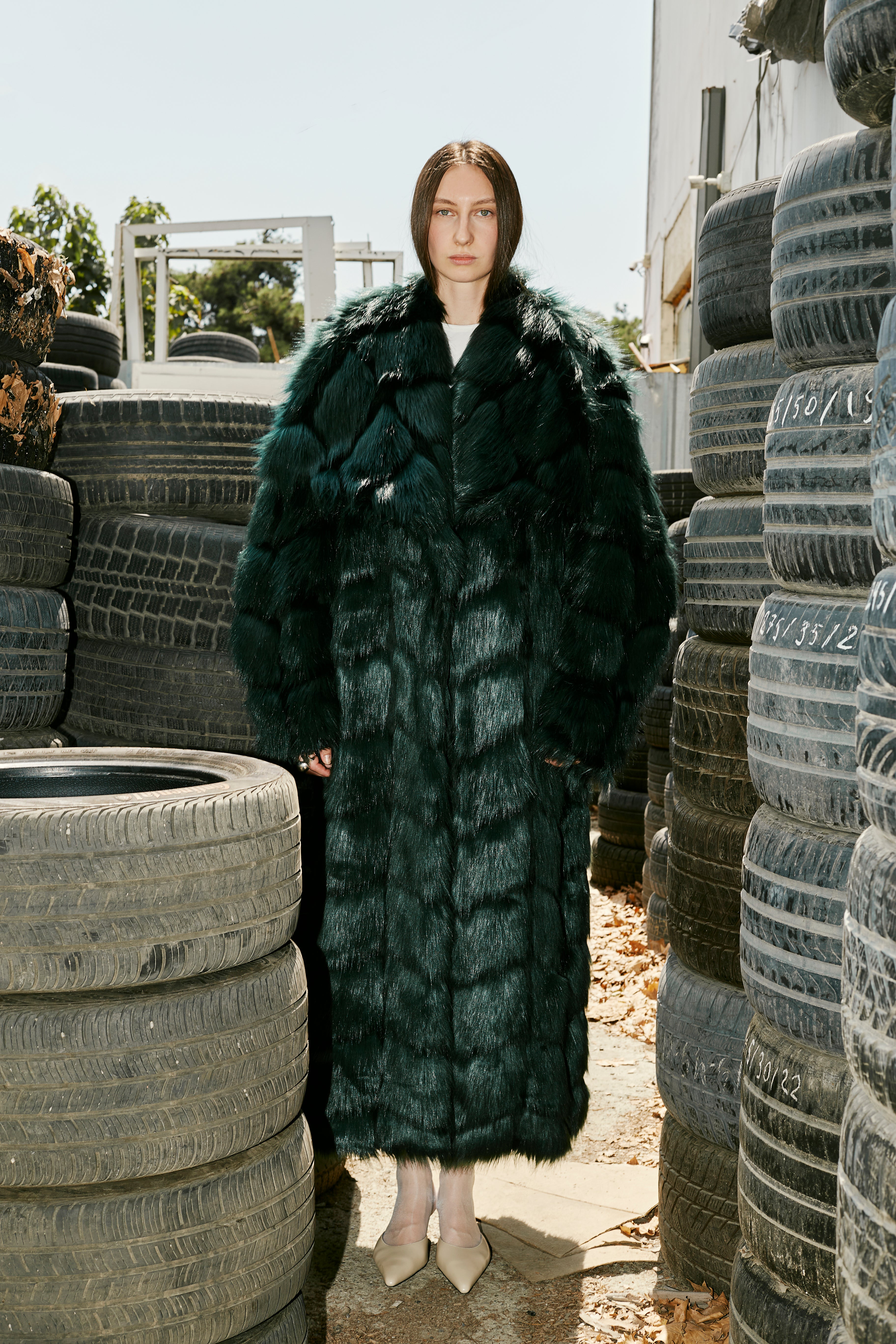 Emerald Green Tiered Faux Fur Maxi Coat