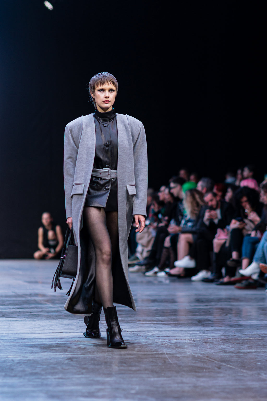 Two-Layered Gray Coat with Faux Leather Vest Insert