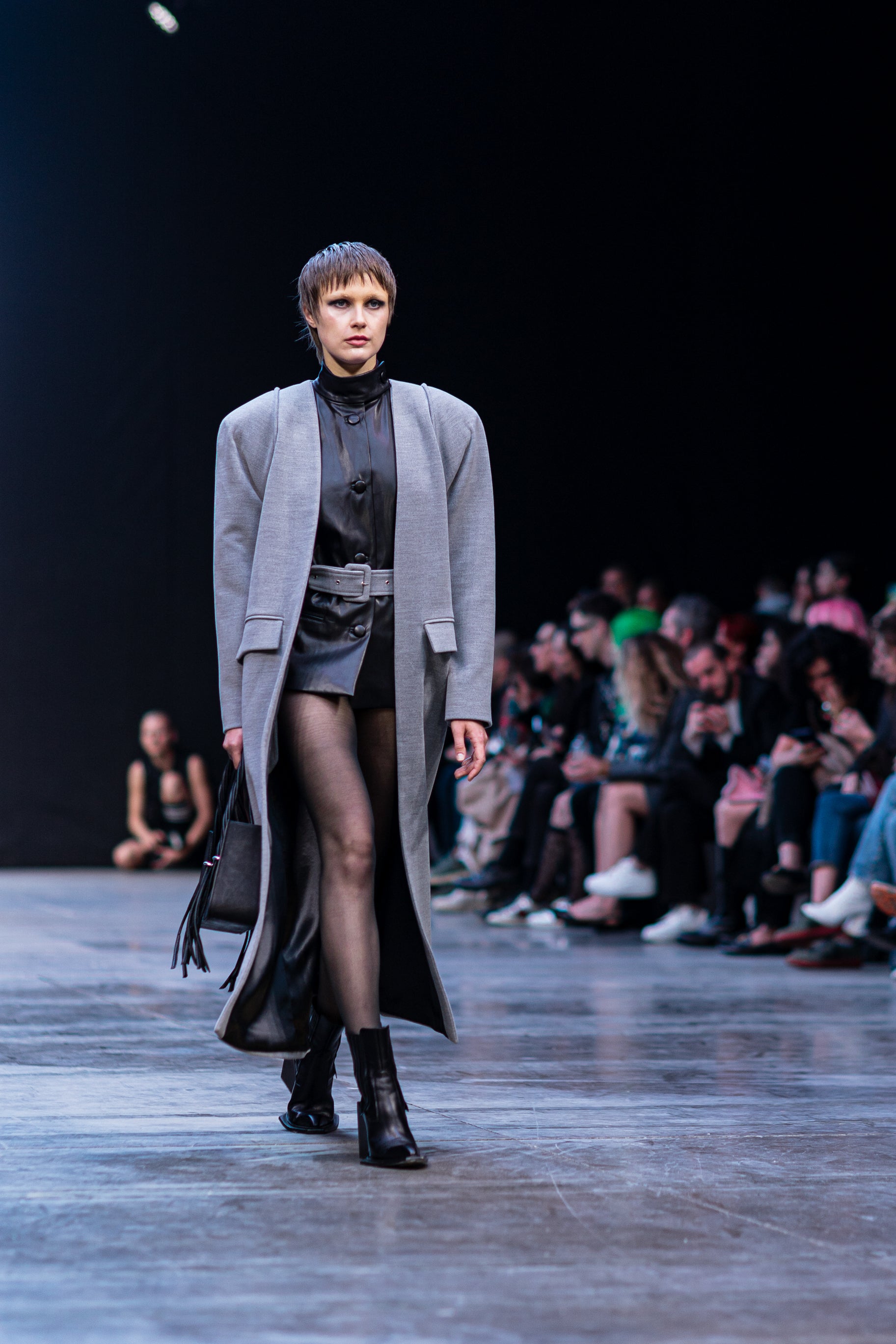 Two-Layered Gray Coat with Faux Leather Vest Insert