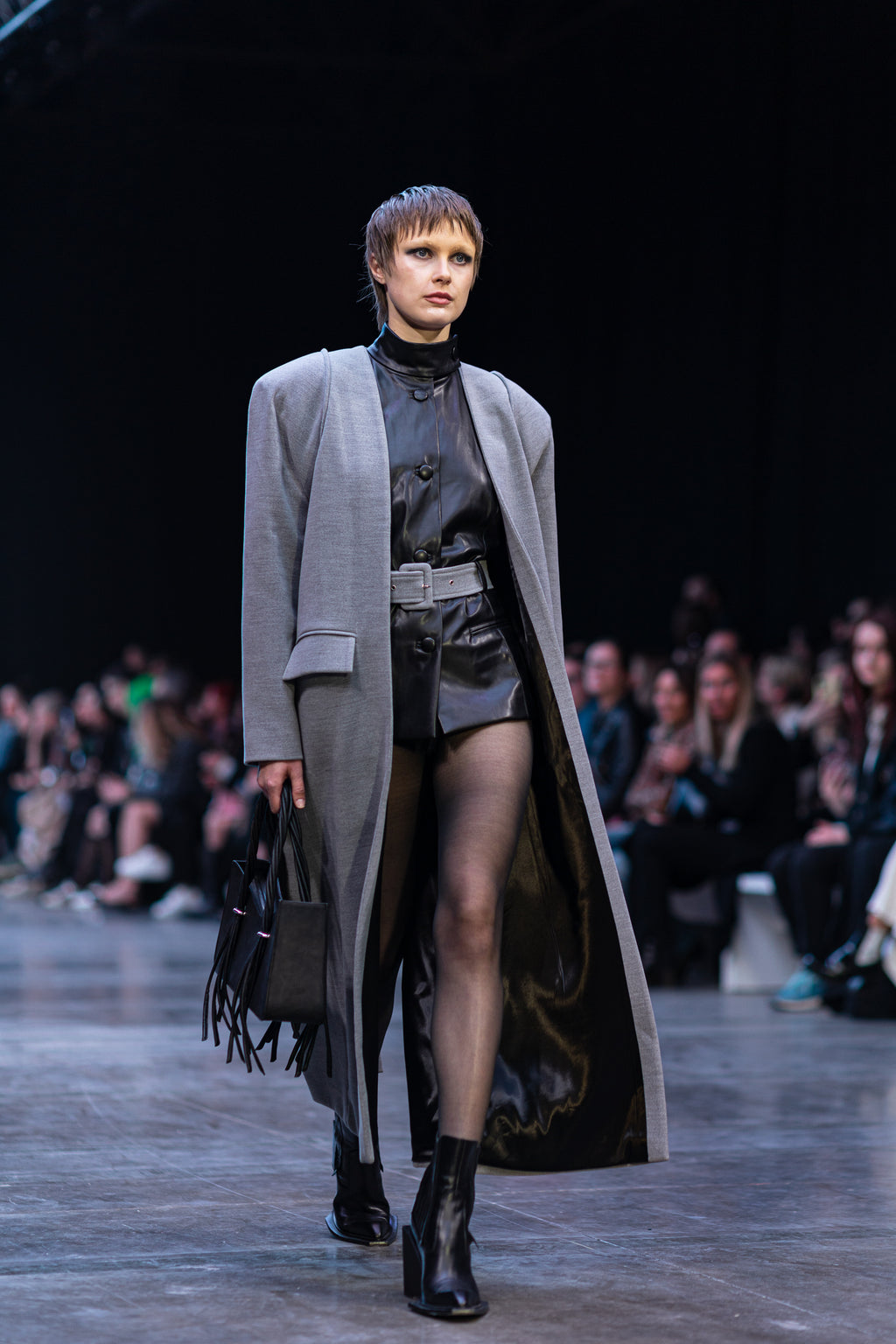 Two-Layered Gray Coat with Faux Leather Vest Insert