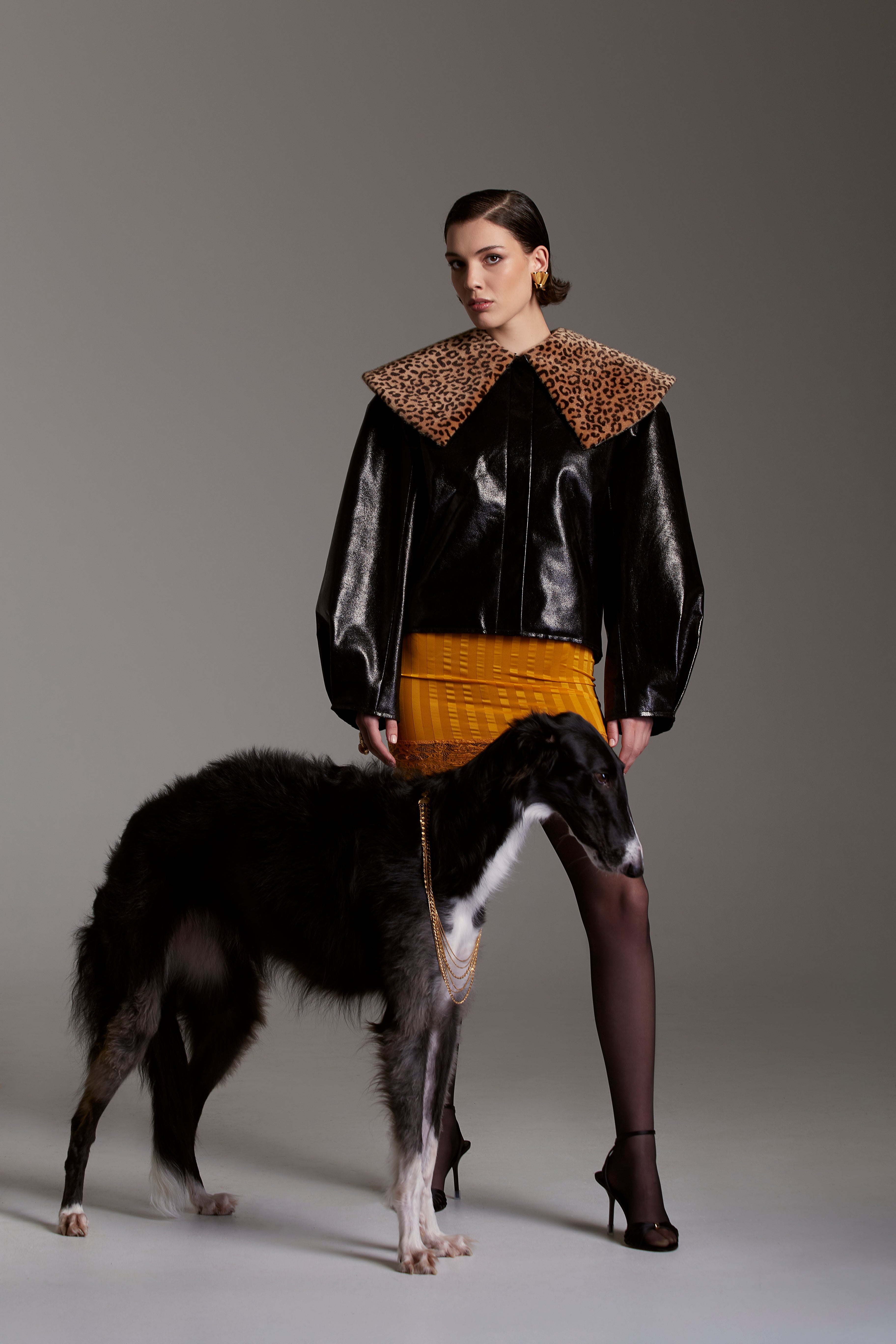 Faux Patent Leather Jacket with Leopard Print Collar