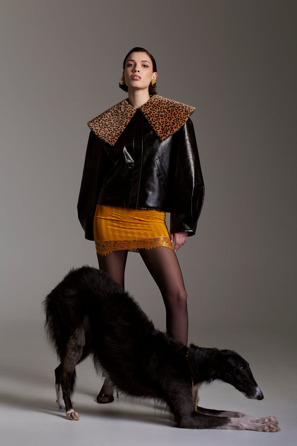 Faux Patent Leather Jacket with Leopard Print Collar