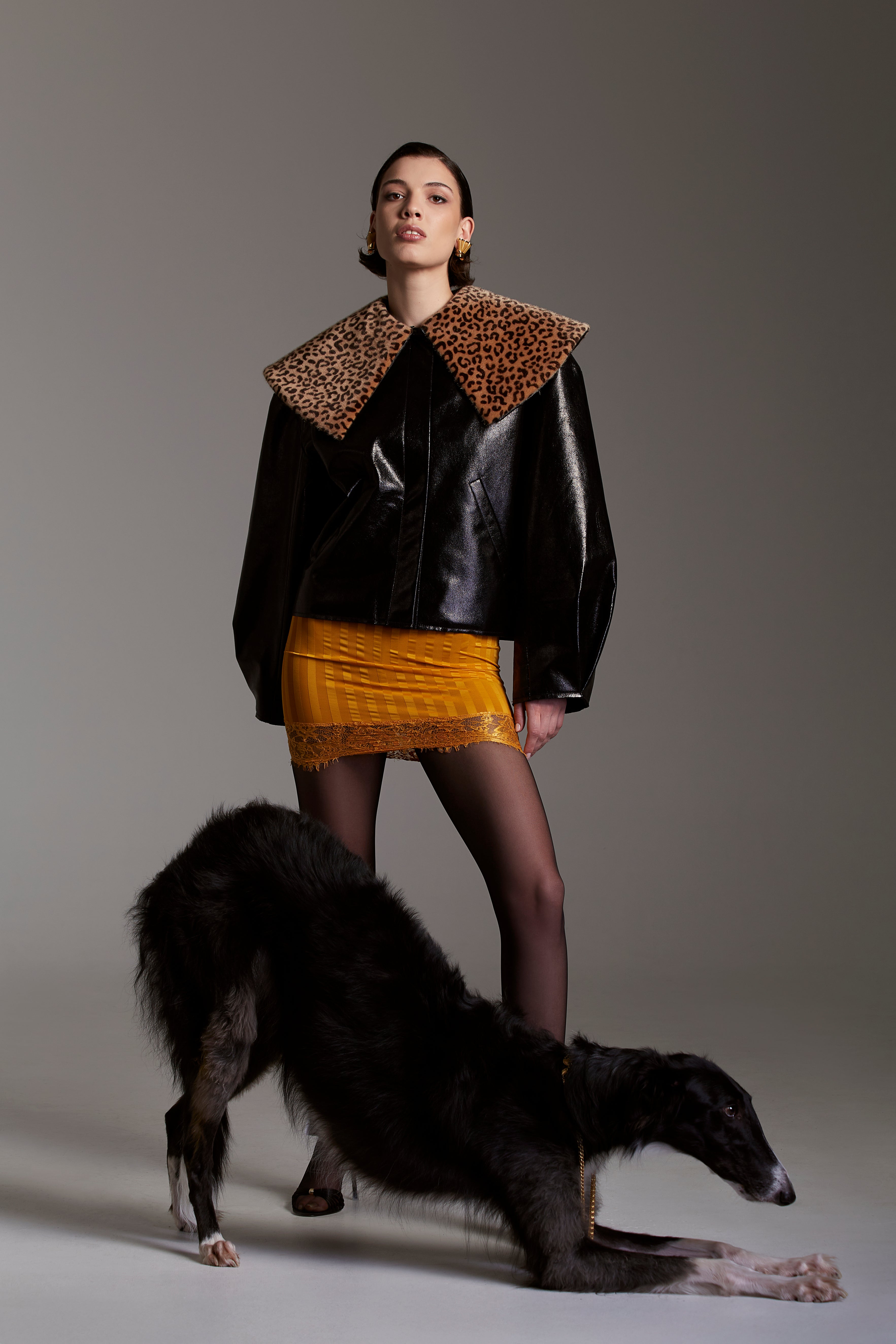Faux Patent Leather Jacket with Leopard Print Collar