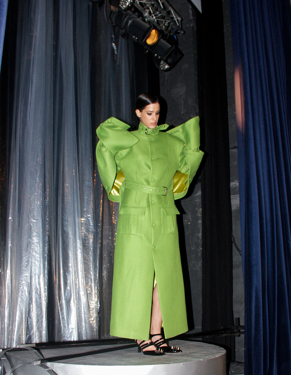 Layered Lime-Green Coat with Detachable Cape