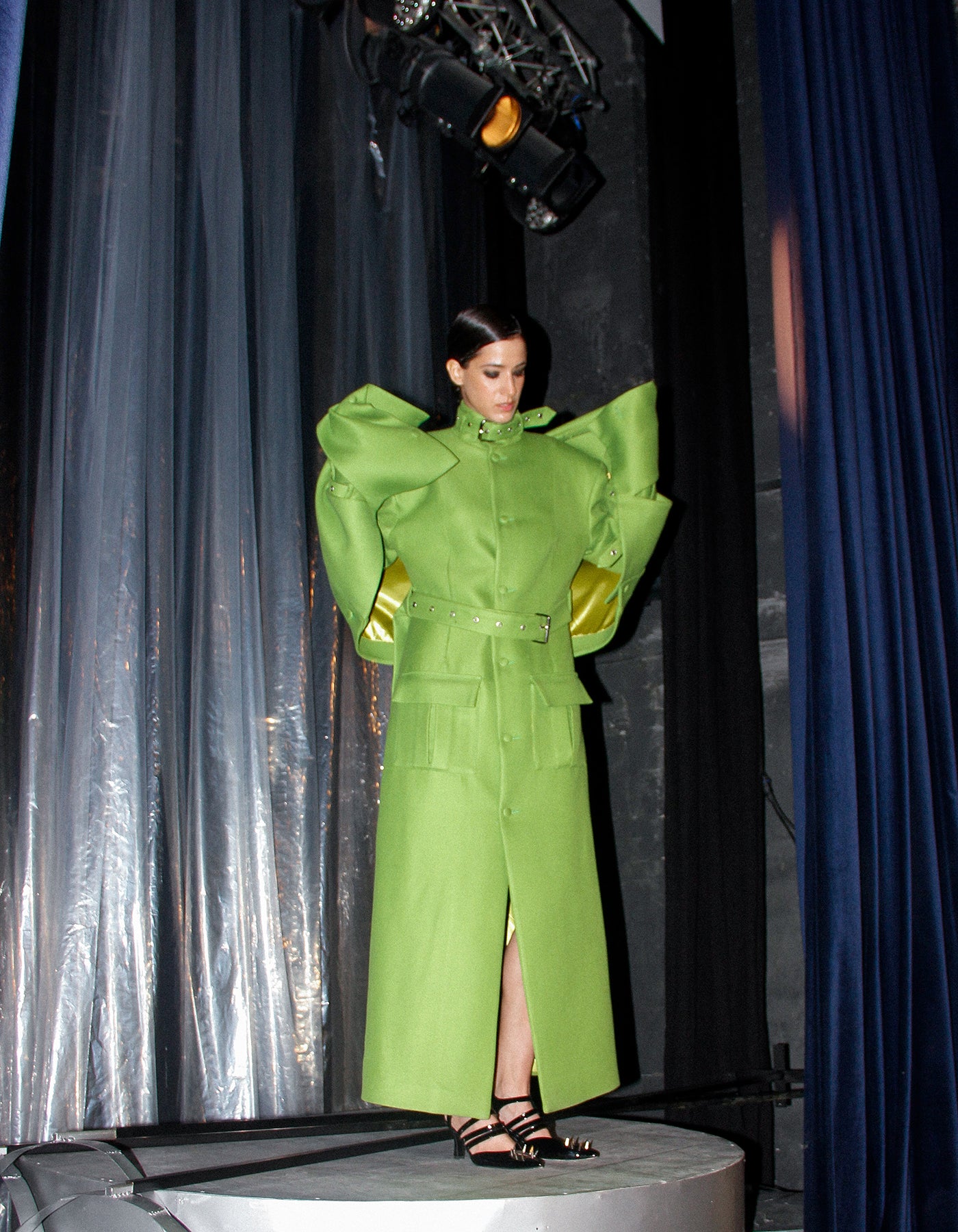 Layered Lime-Green Coat with Detachable Cape