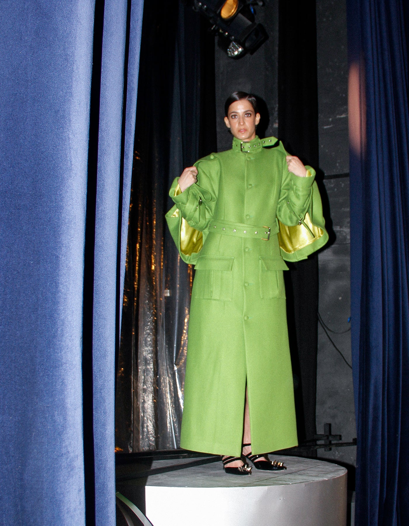 Layered Lime-Green Coat with Detachable Cape