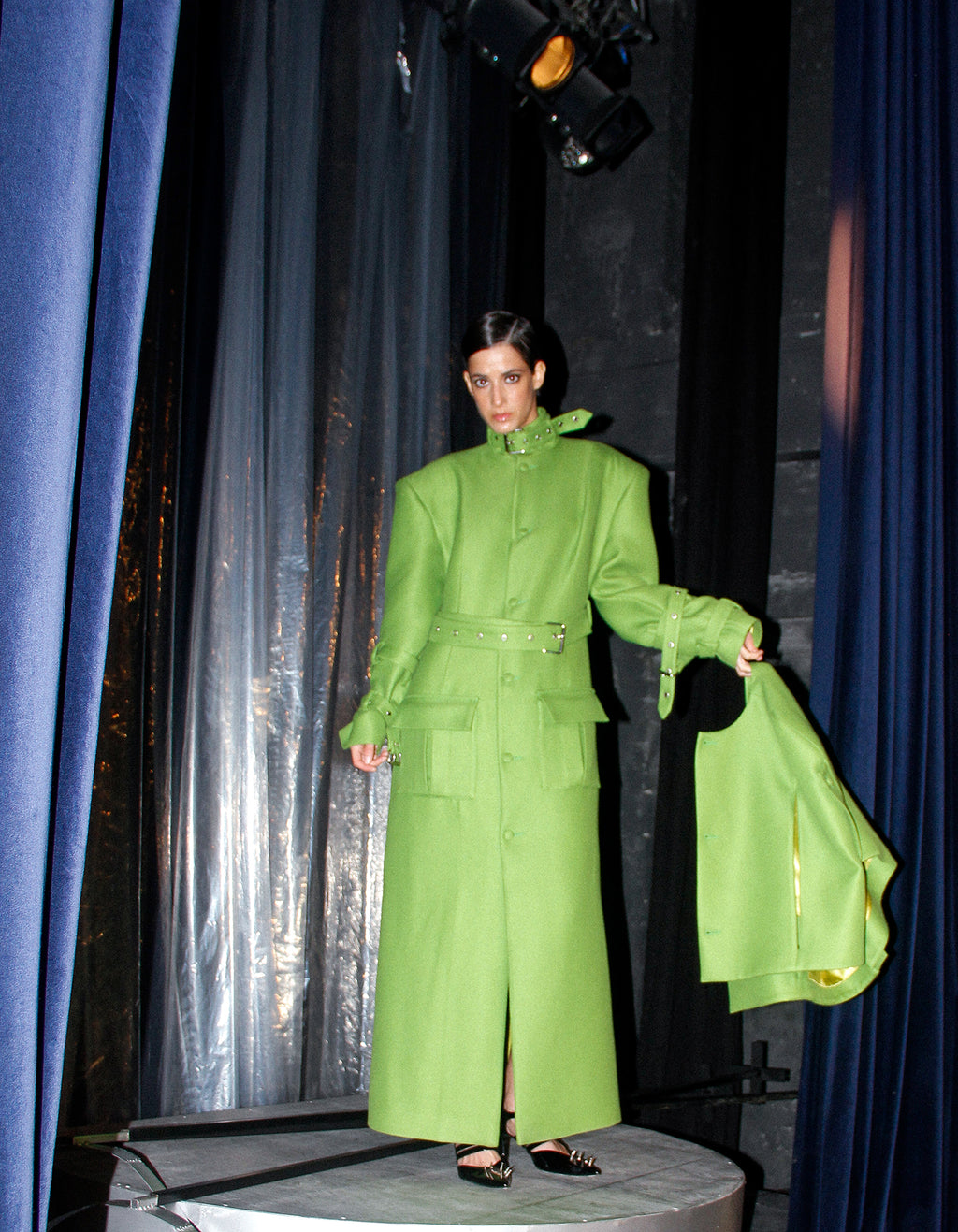 Layered Lime-Green Coat with Detachable Cape