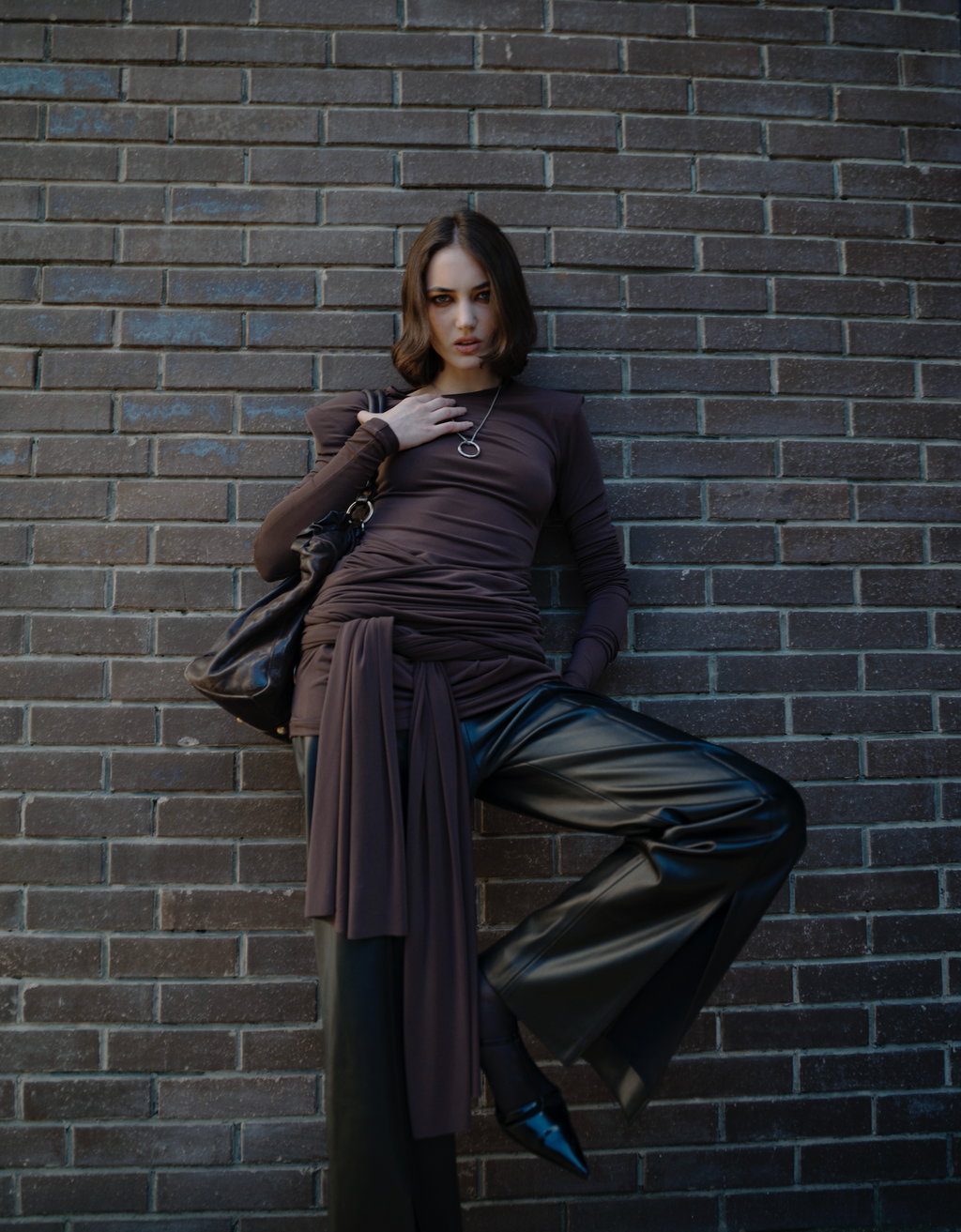 Brown Padded-Shoulder Mini Dress with Train