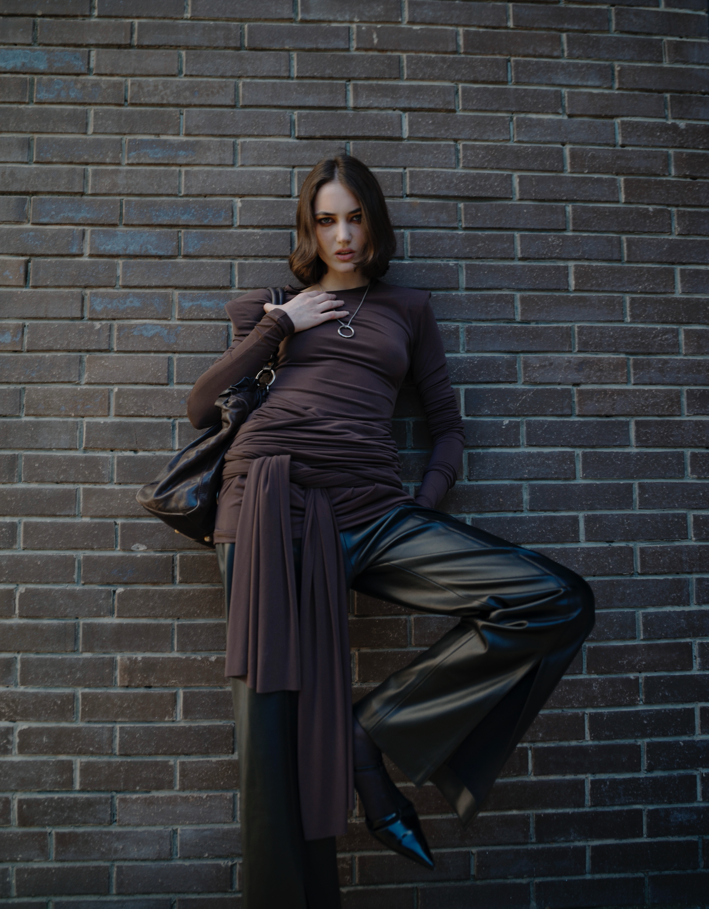 Brown Padded-Shoulder Mini Dress with Train