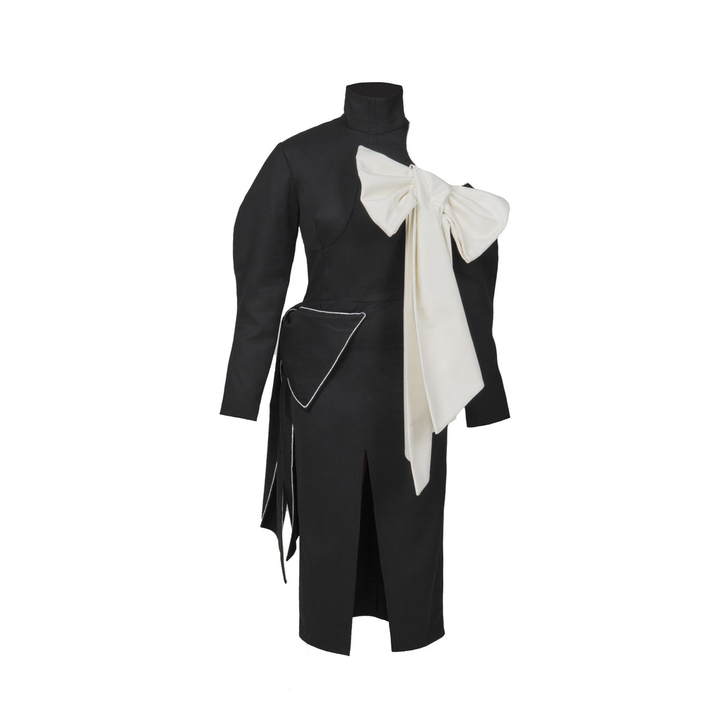 Asymmetric Black Turtleneck Dress with Bows