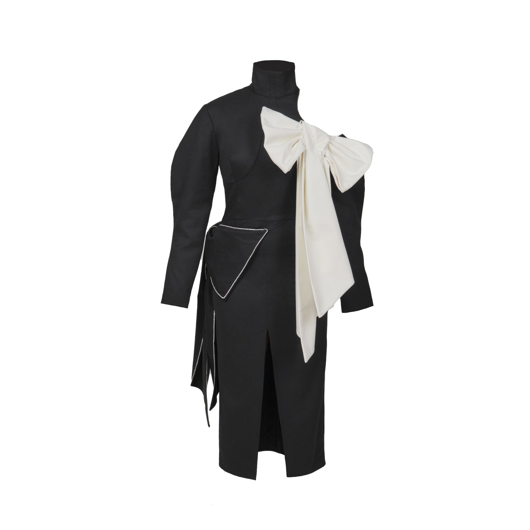 Asymmetric Black Turtleneck Dress with Bows