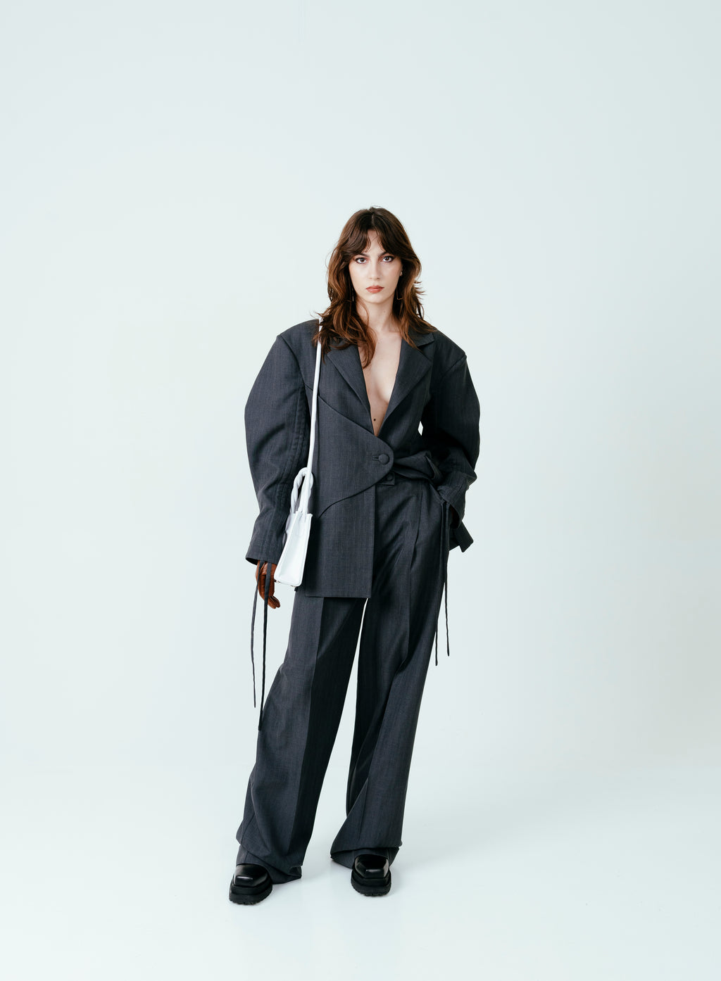 Structured Gray Blazer with Ruched Drawstring Sleeves