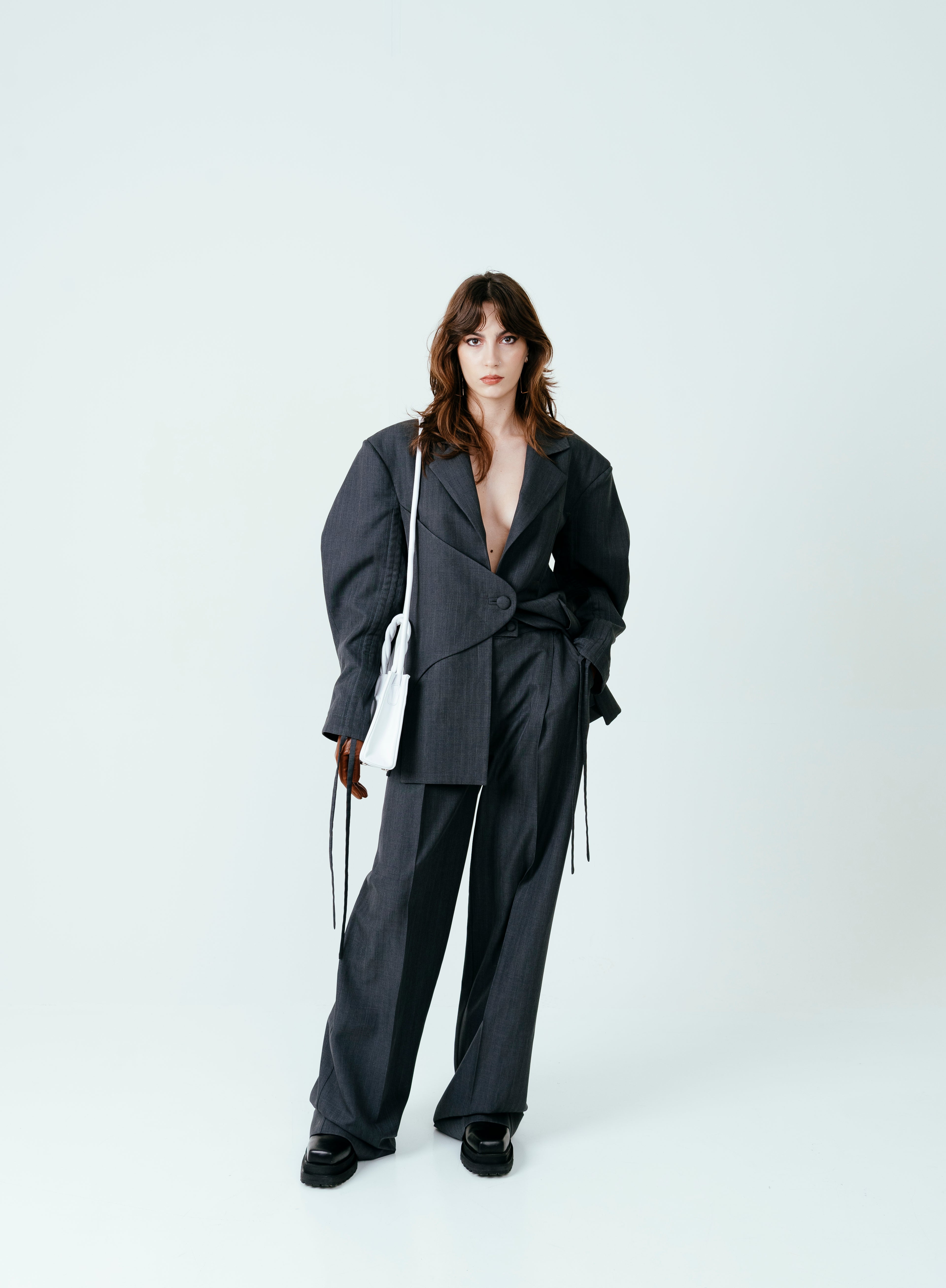 Structured Gray Blazer with Ruched Drawstring Sleeves