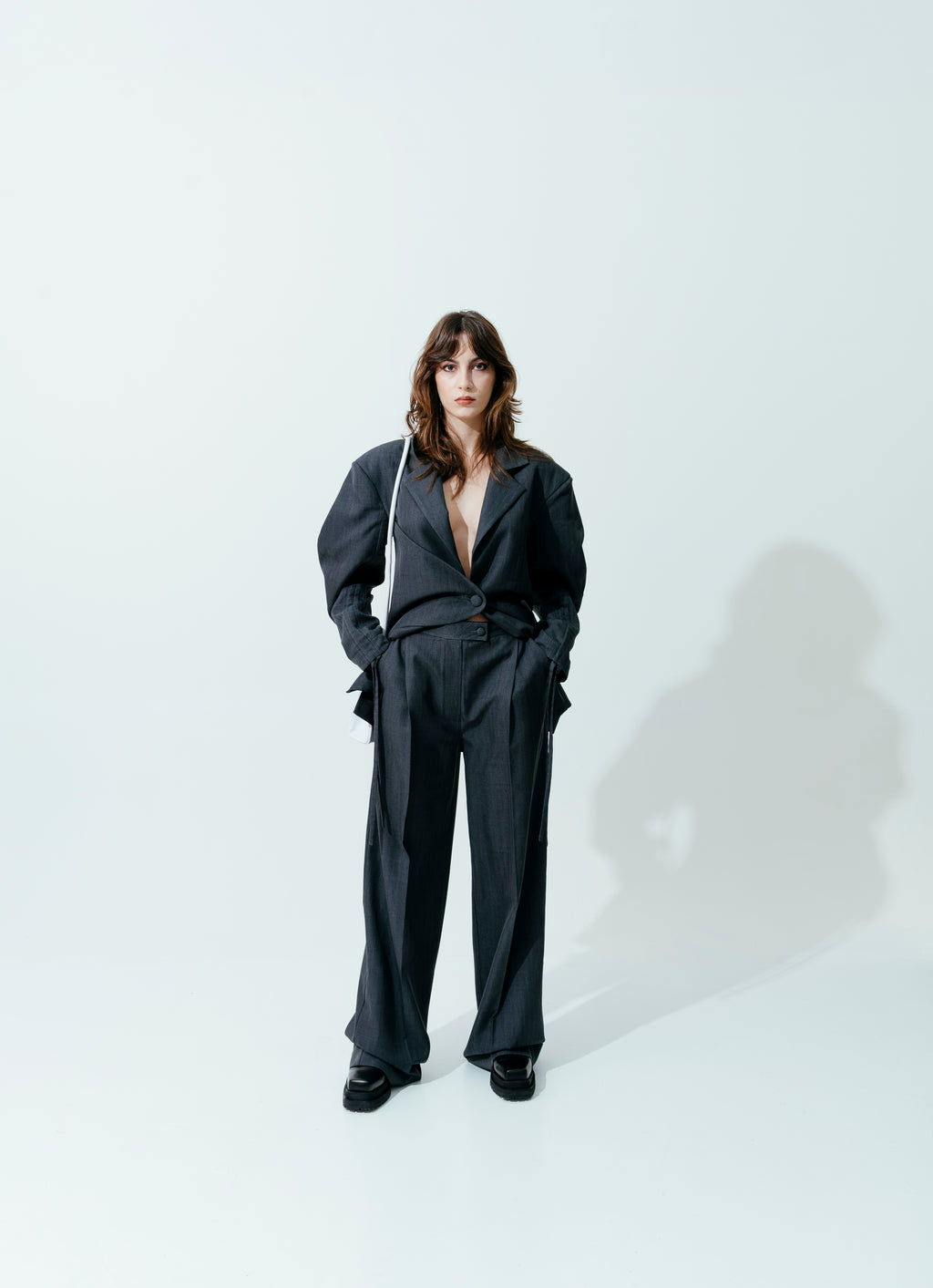 Structured Gray Blazer with Ruched Drawstring Sleeves