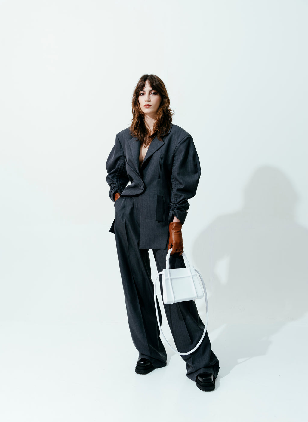 Structured Gray Blazer with Ruched Drawstring Sleeves