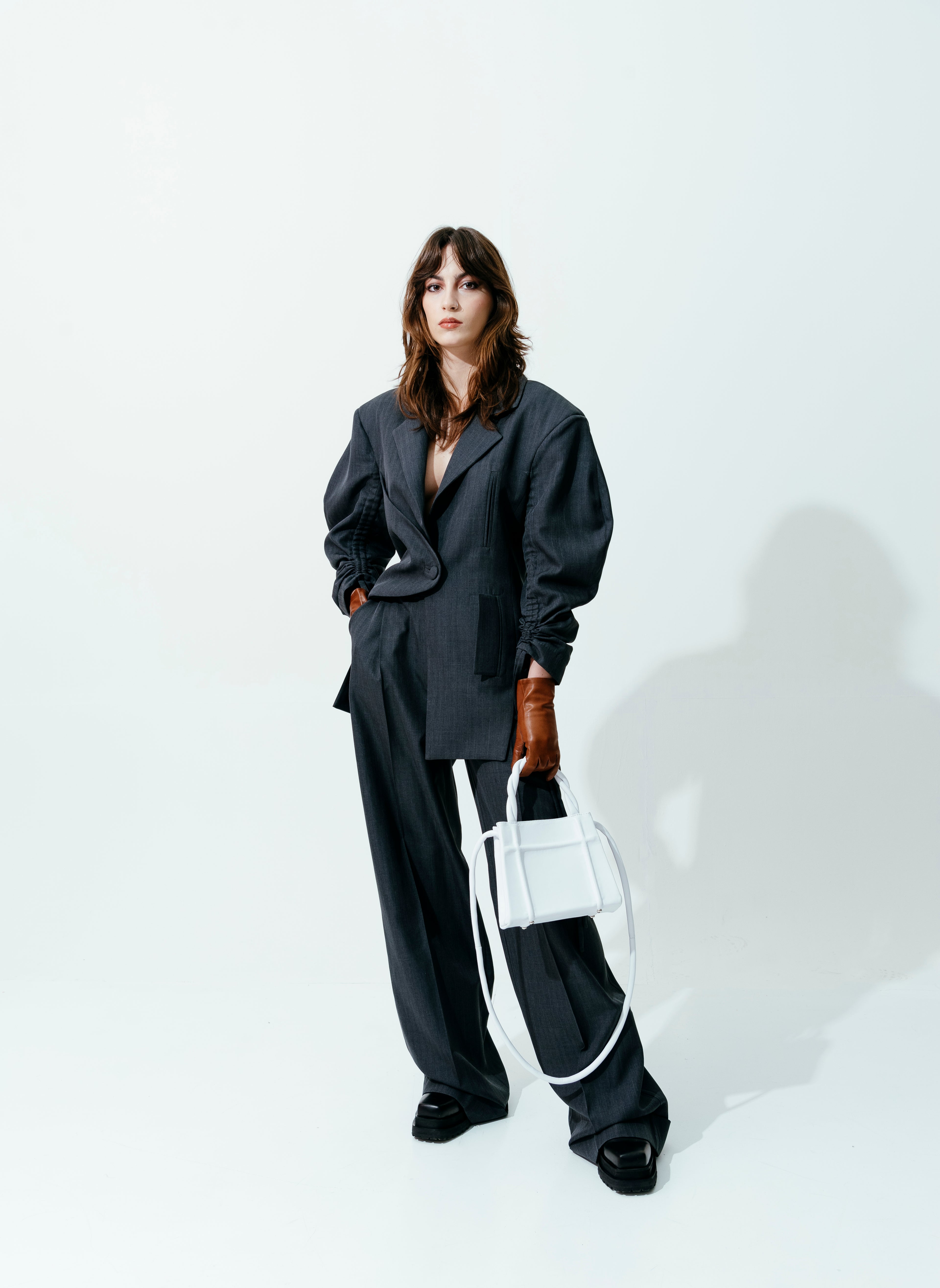 Structured Gray Blazer with Ruched Drawstring Sleeves