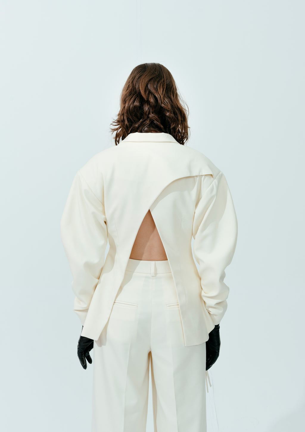 Milky White Cut-Out Back Blazer with Ruched Sleeves