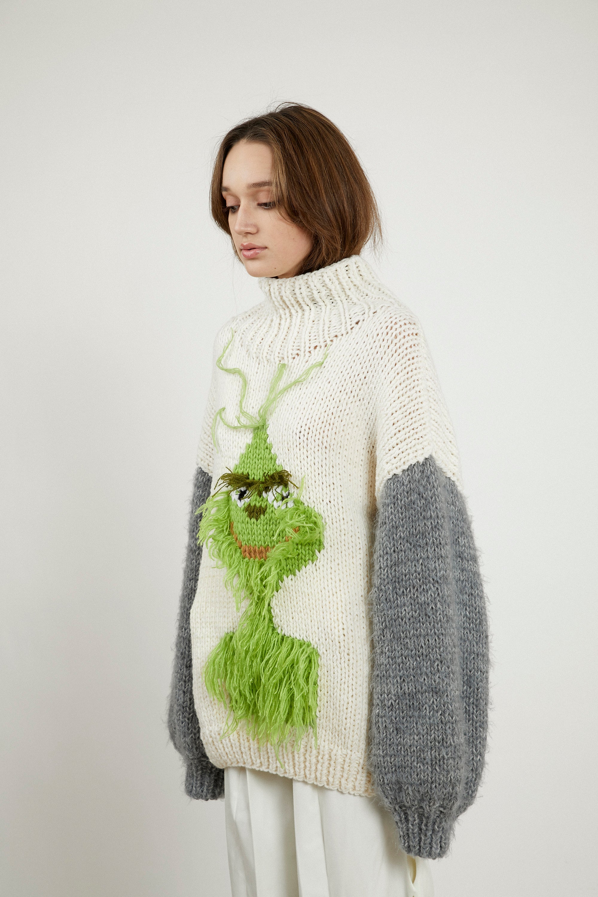 Hand-Knitted Grinch Turtleneck Sweater