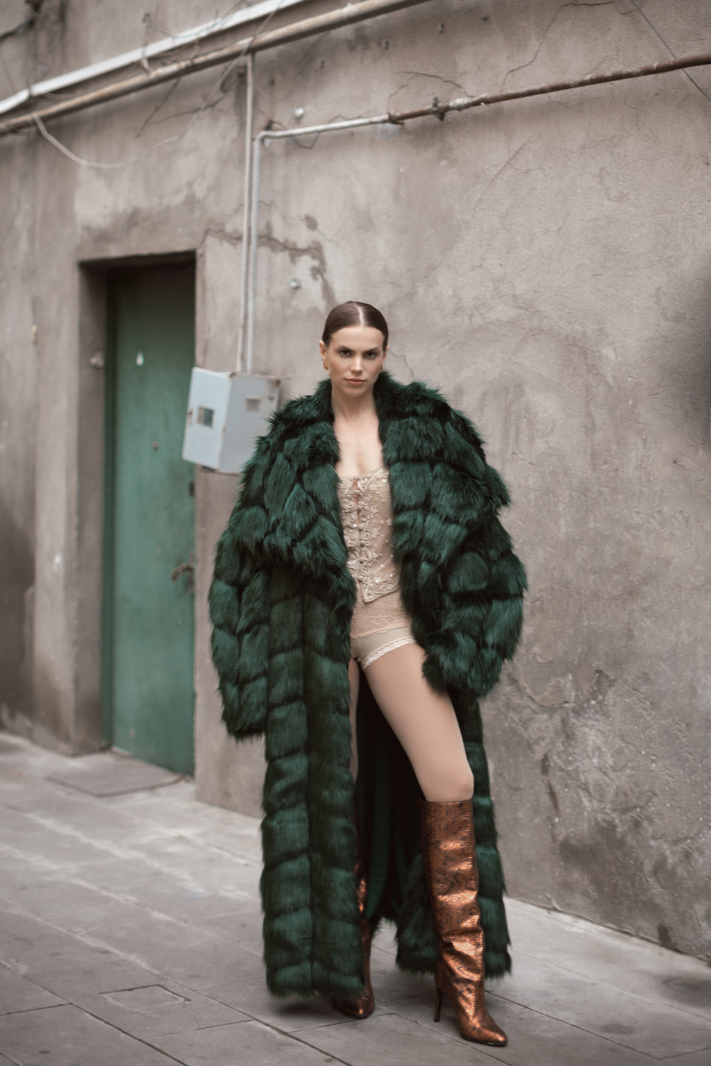 Emerald Green Tiered Faux Fur Maxi Coat