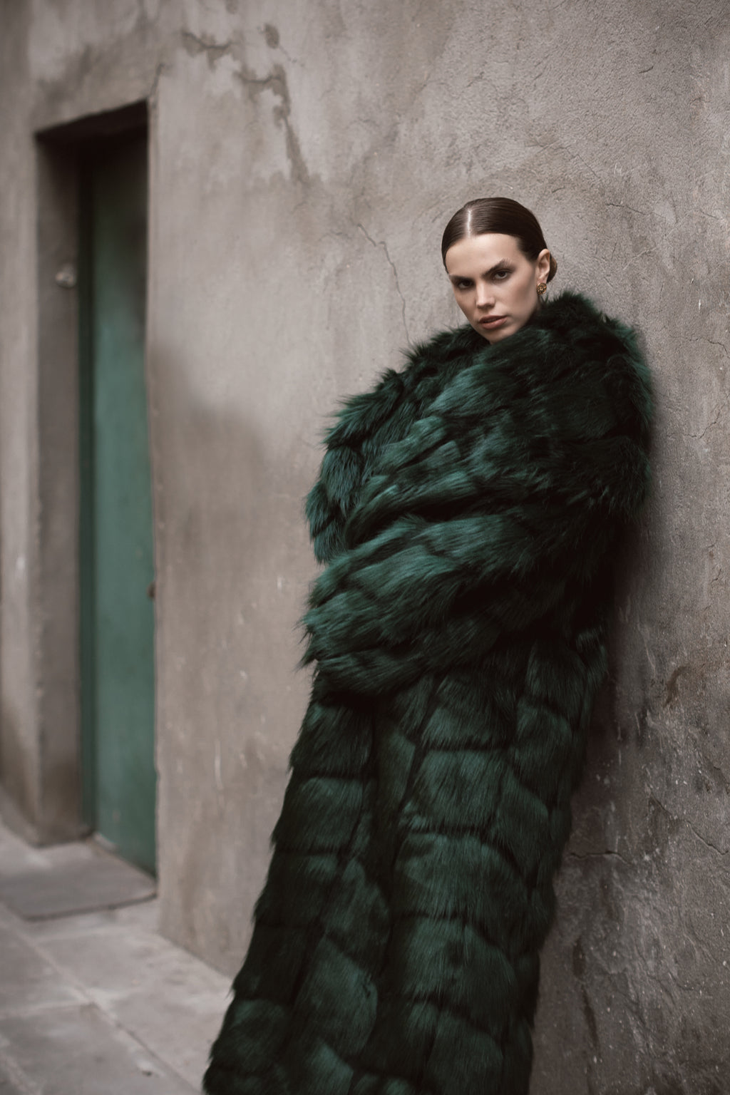 Emerald Green Tiered Faux Fur Maxi Coat