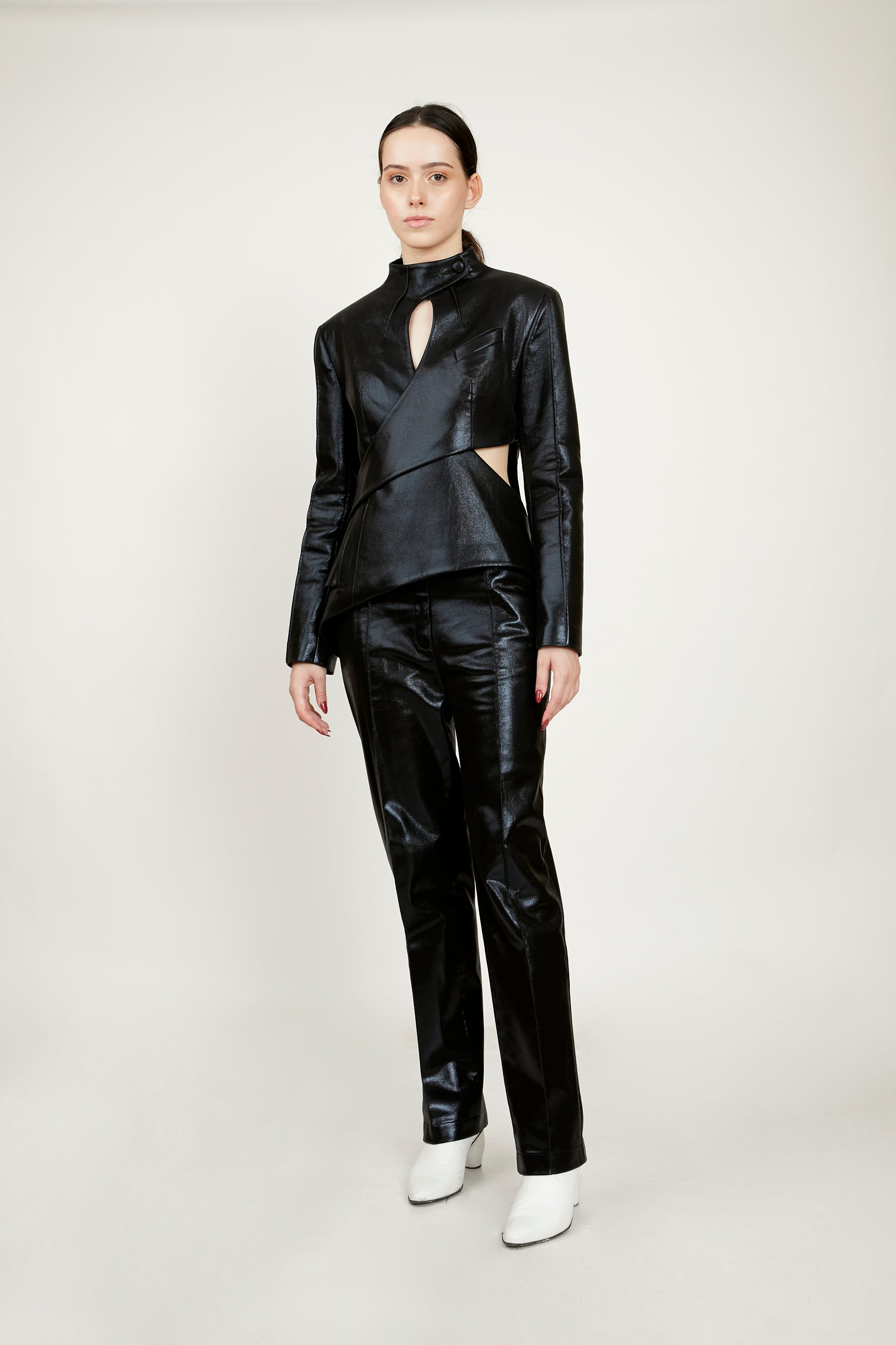 Asymmetric Shiny Faux Leather Cutout Blazer
