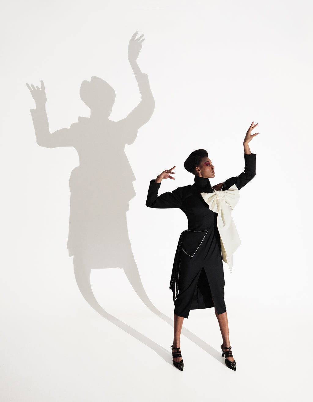 Asymmetric Black Turtleneck Dress with Bows