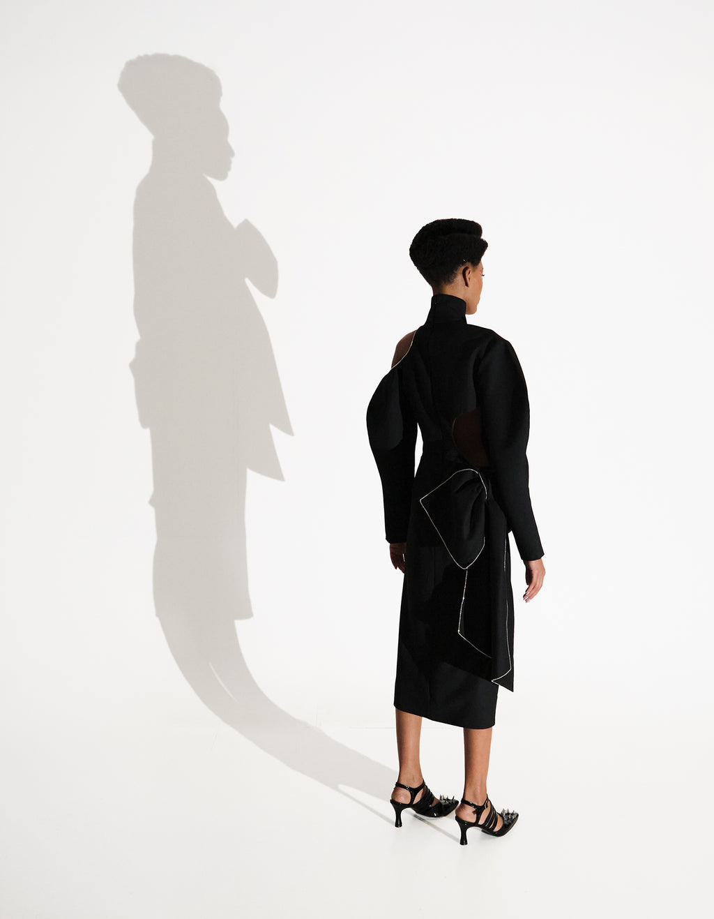 Asymmetric Black Turtleneck Dress with Bows