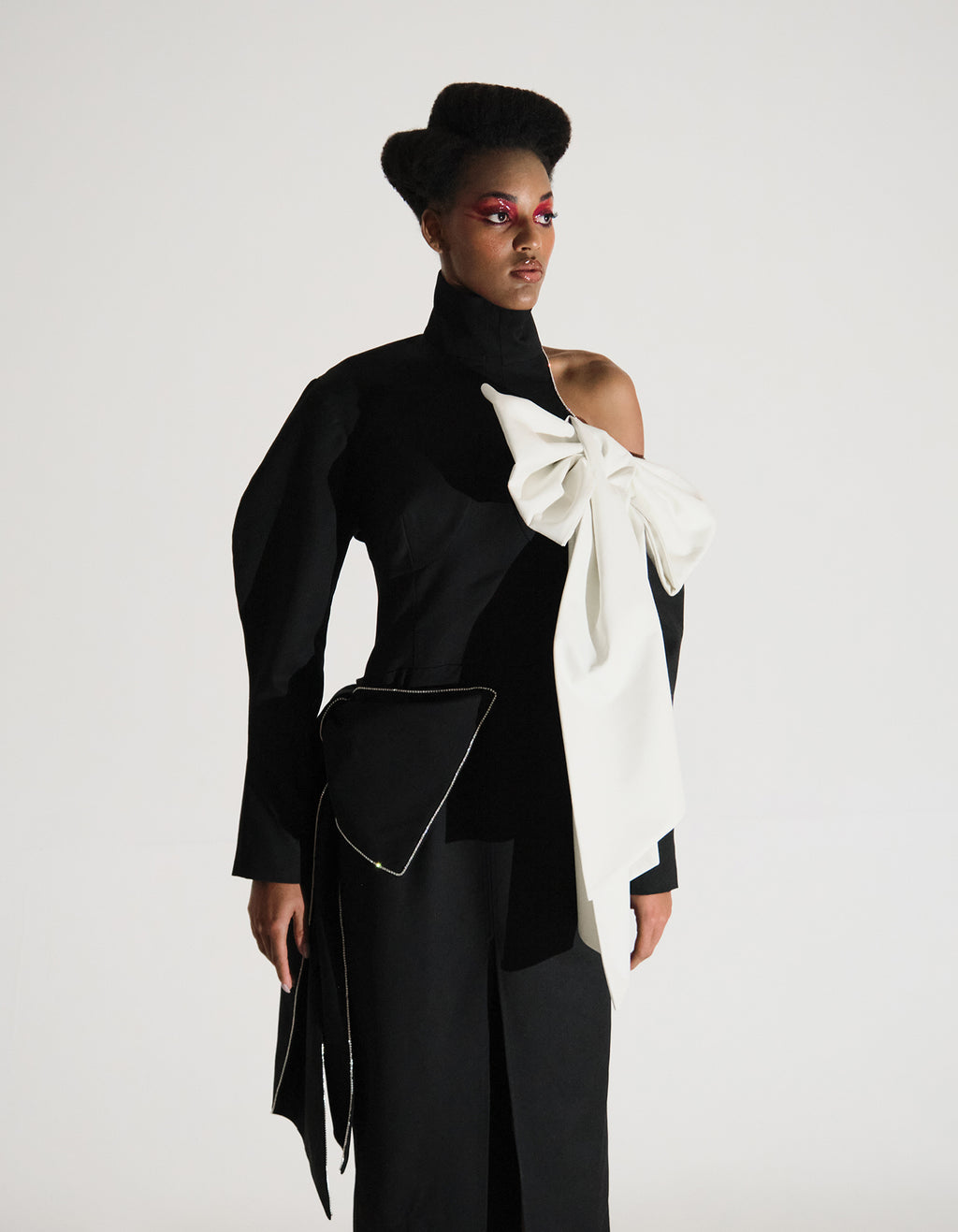 Asymmetric Black Turtleneck Dress with Bows