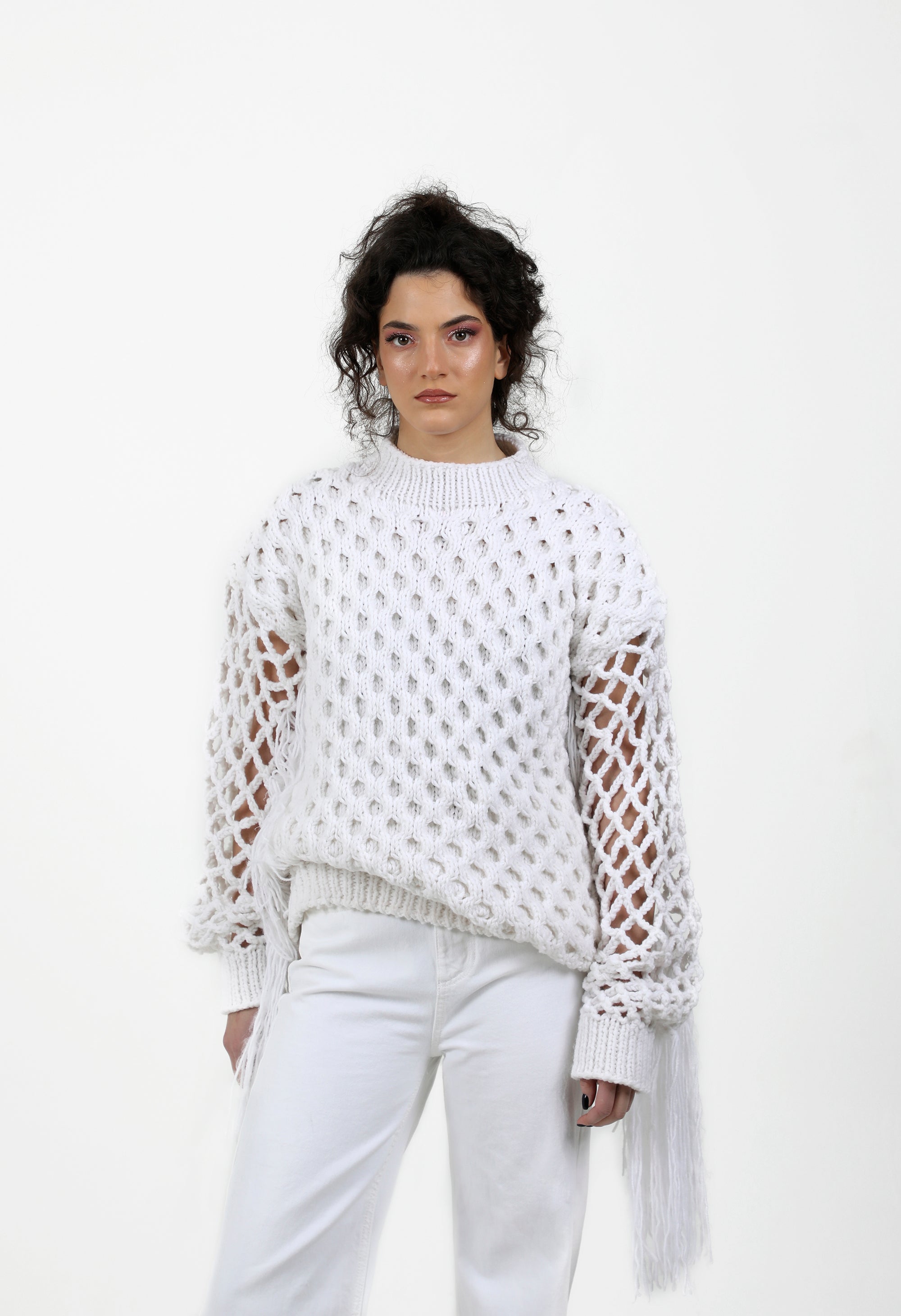 White Sweater with Fringe Fishnet Sleeves