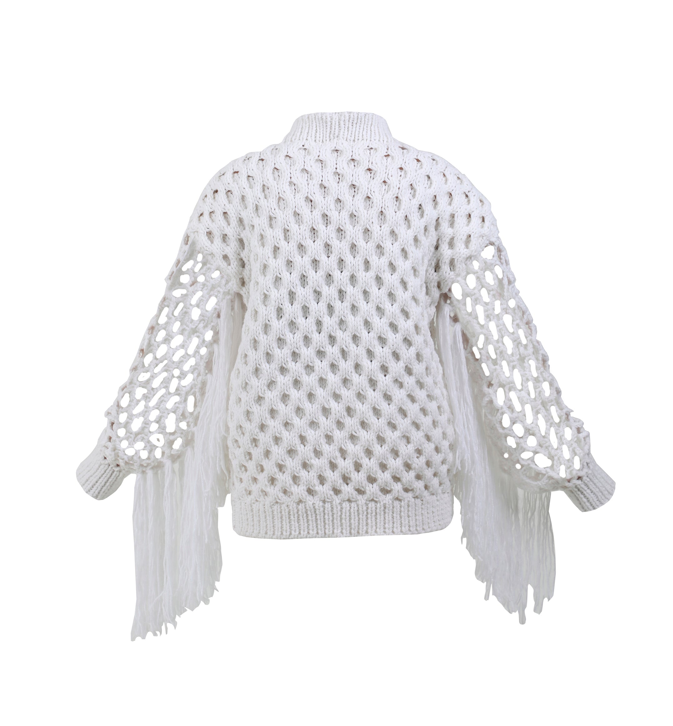 White Sweater with Fringe Fishnet Sleeves