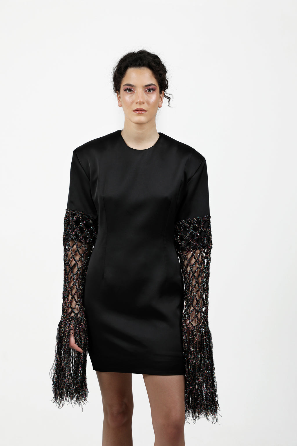 Fishnet Sleeve Satin Mini Dress