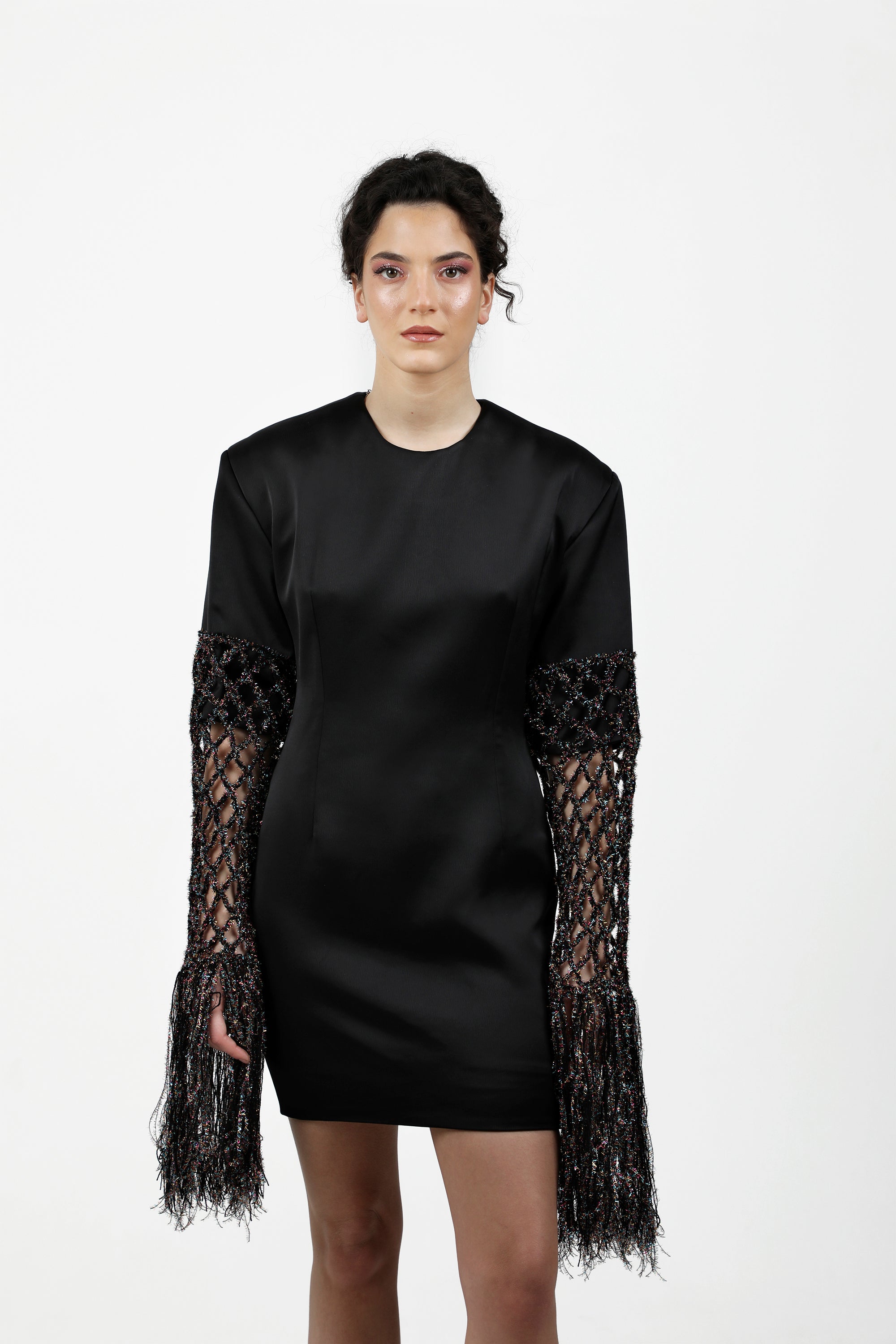 Fishnet Sleeve Satin Mini Dress