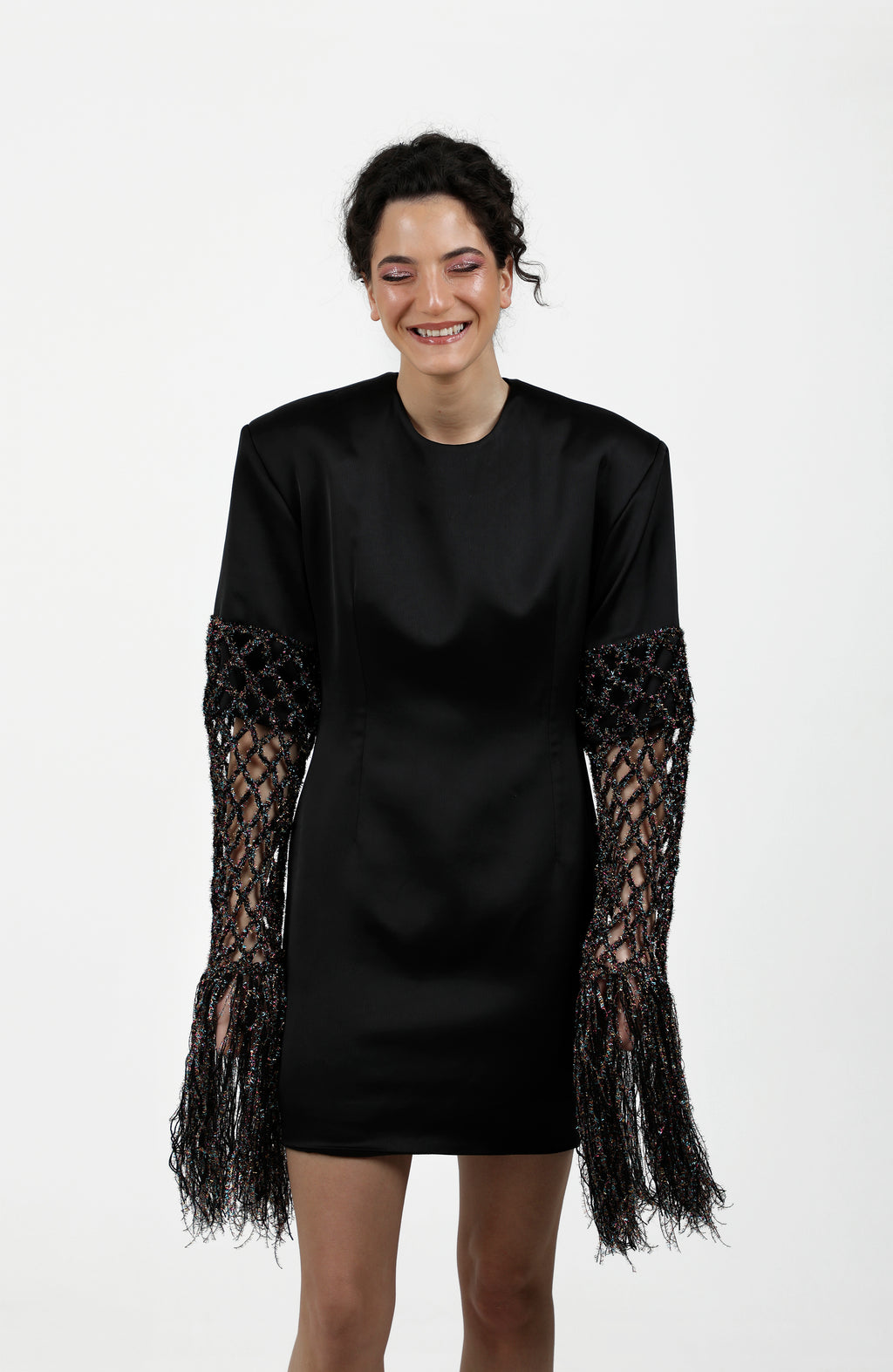 Fishnet Sleeve Satin Mini Dress