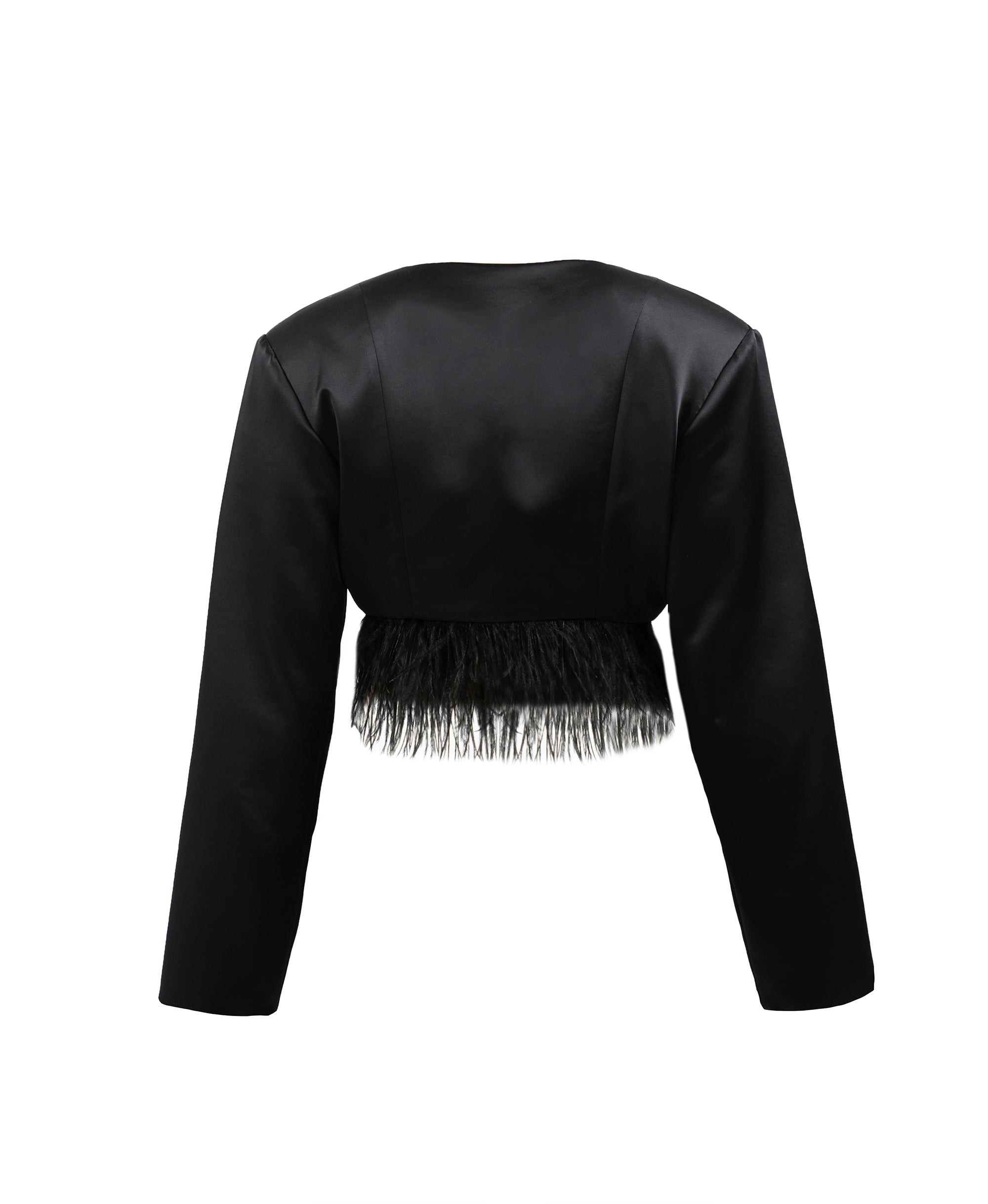 Feather-Trim Cropped Satin Blazer
