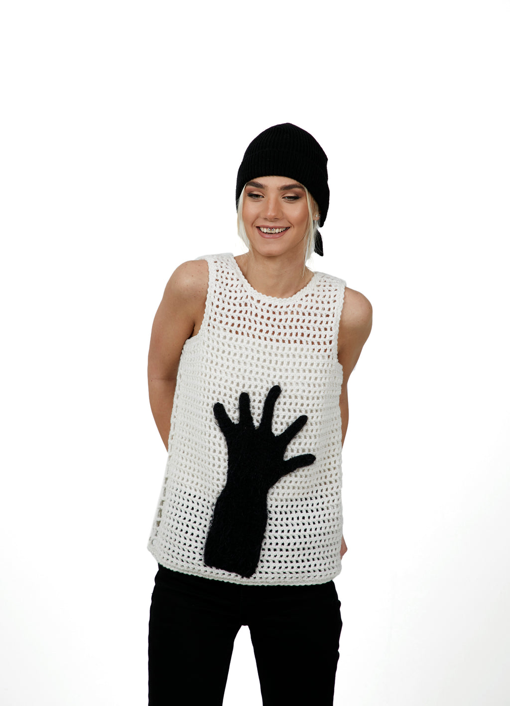 Hand-Motif Open Knit Wool Vest