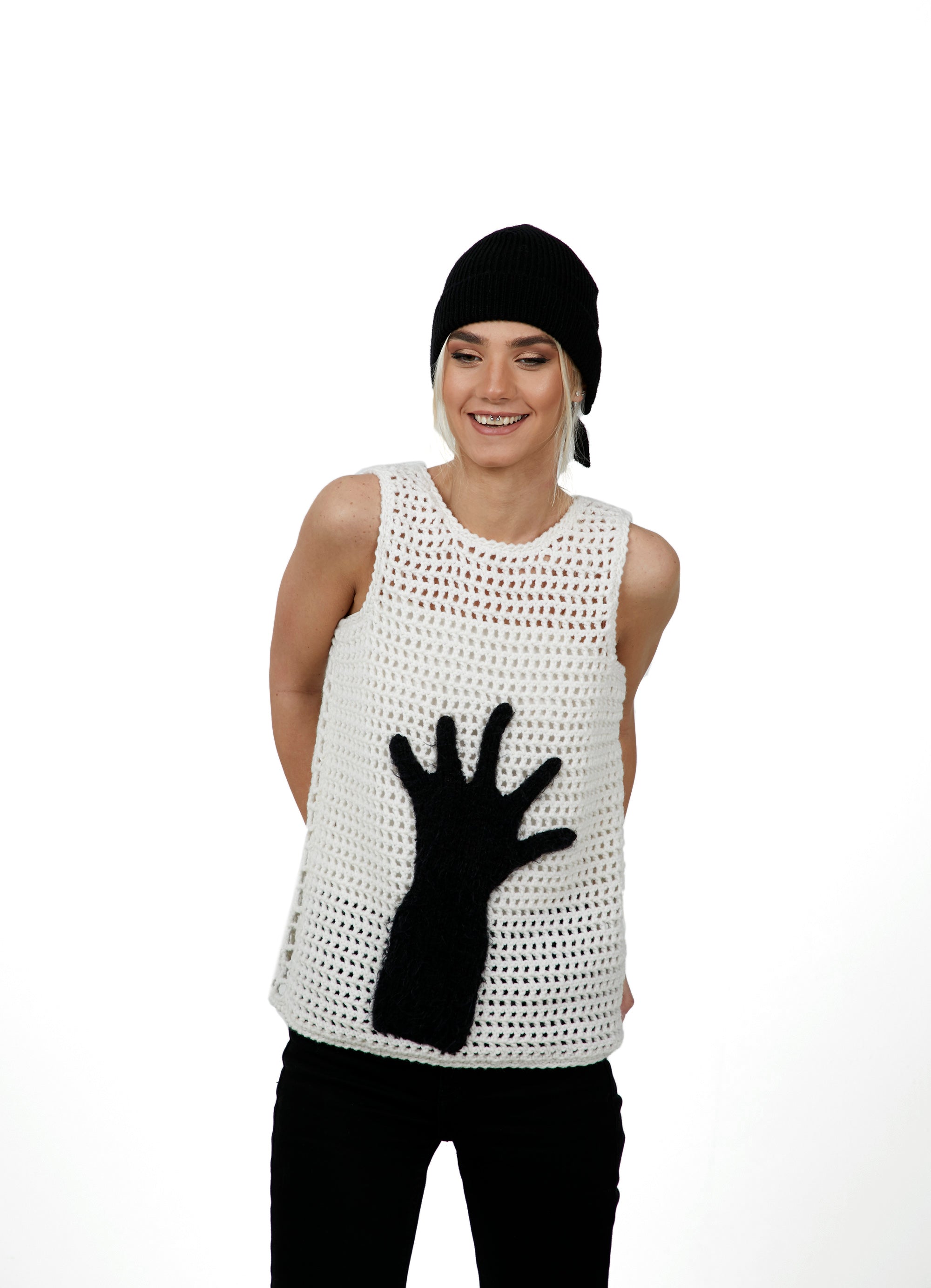 Hand-Motif Open Knit Wool Vest