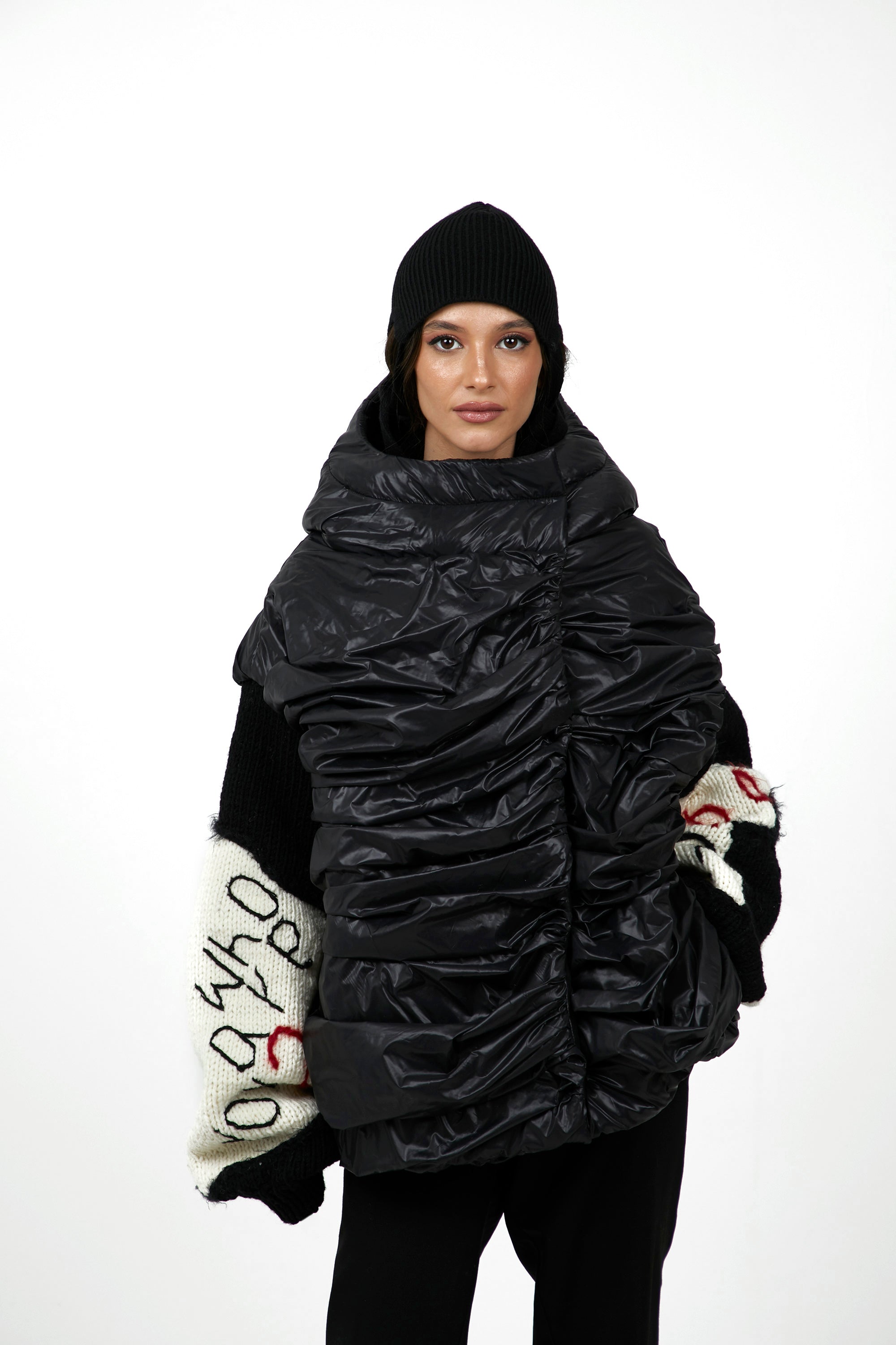 Voluminous Draped Puffer with Wool Blend Sleeves